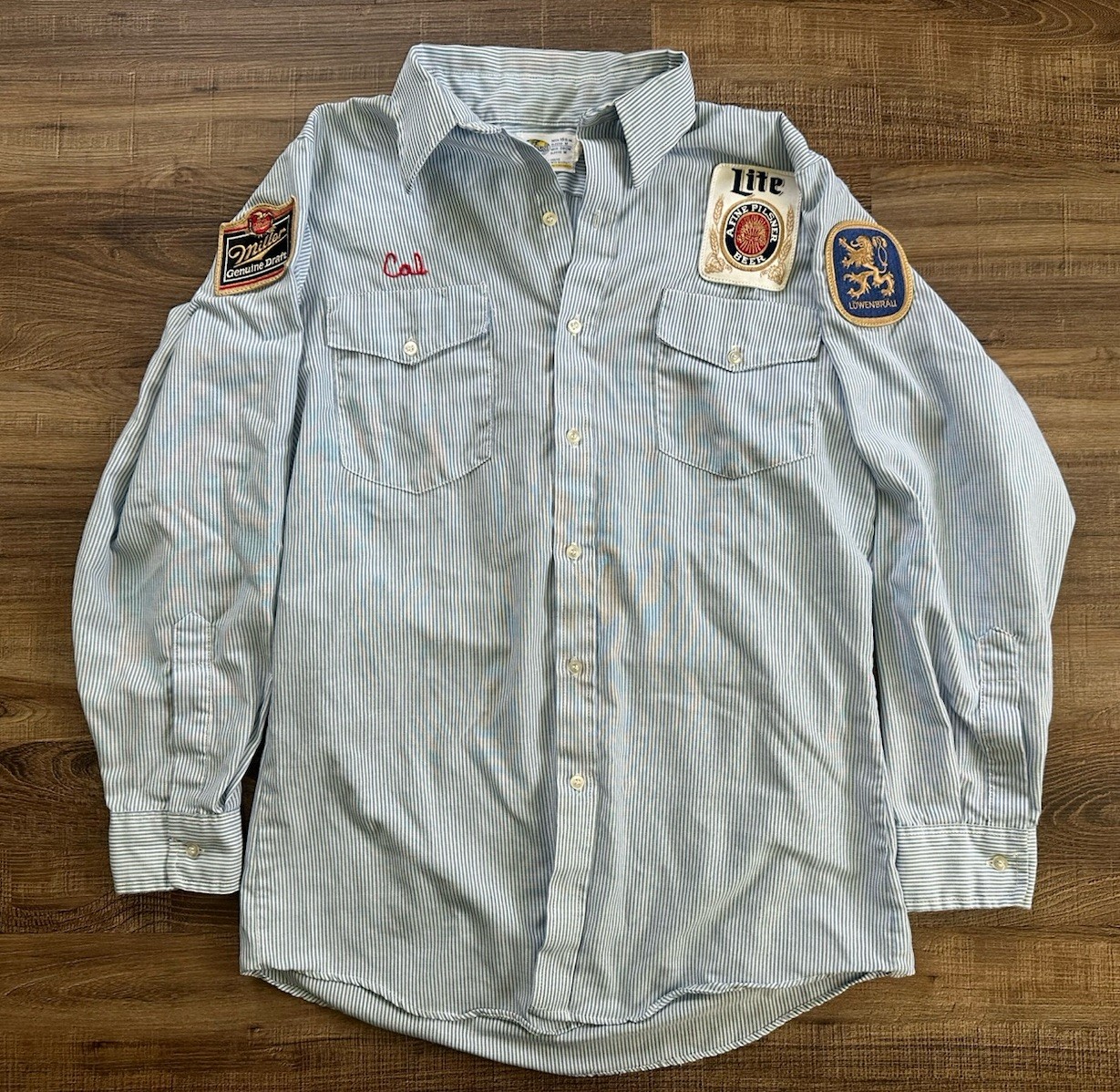 Vtg Miller Light Striped Blue Work Shirt M 15 1/2 Beer High Life Uniform 