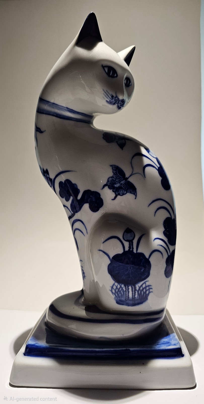Vintage 1970\'s numbered Thai blue and white porcelain cat figurine-Hand painted