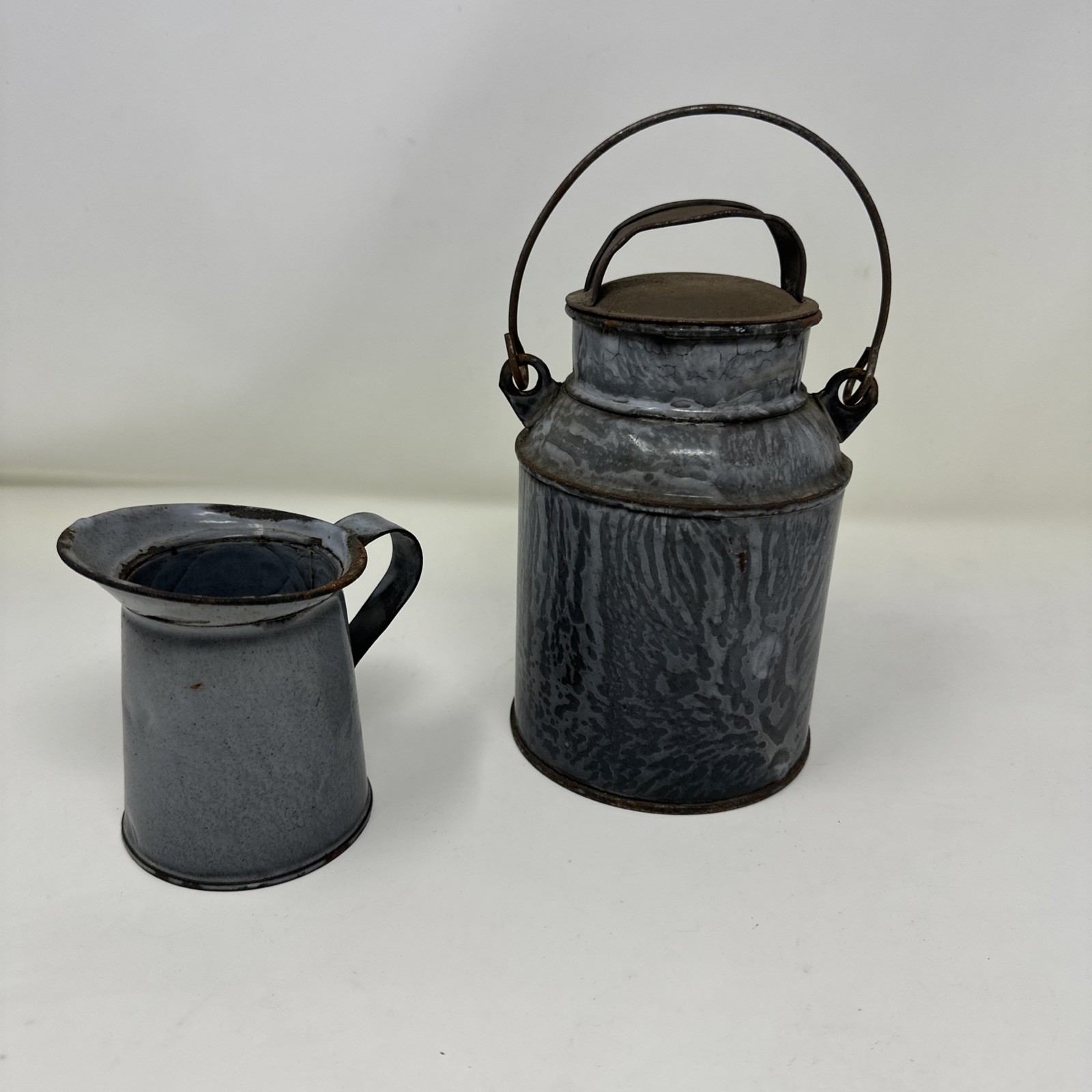 Antique Gray Agateware Milk/Cream Can/Pail w/ Tin Lid And Cream Pitcher