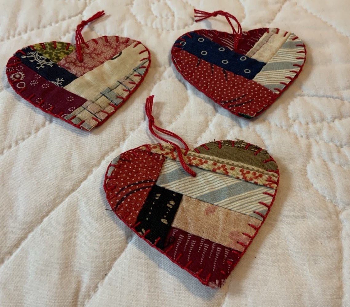 Three Heart Ornaments, Hand Made, Antique Quilt Top, Early Calicos Three Heart Ornaments, Hand Made, Antique Quilt Top, Early Calicos