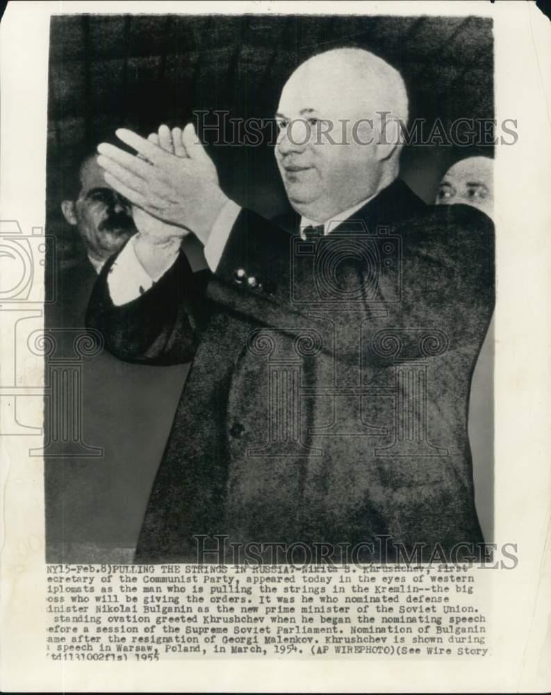 1955 Press Photo Nikita S. Khrushchev clapping during a speech in Warsaw, Poland