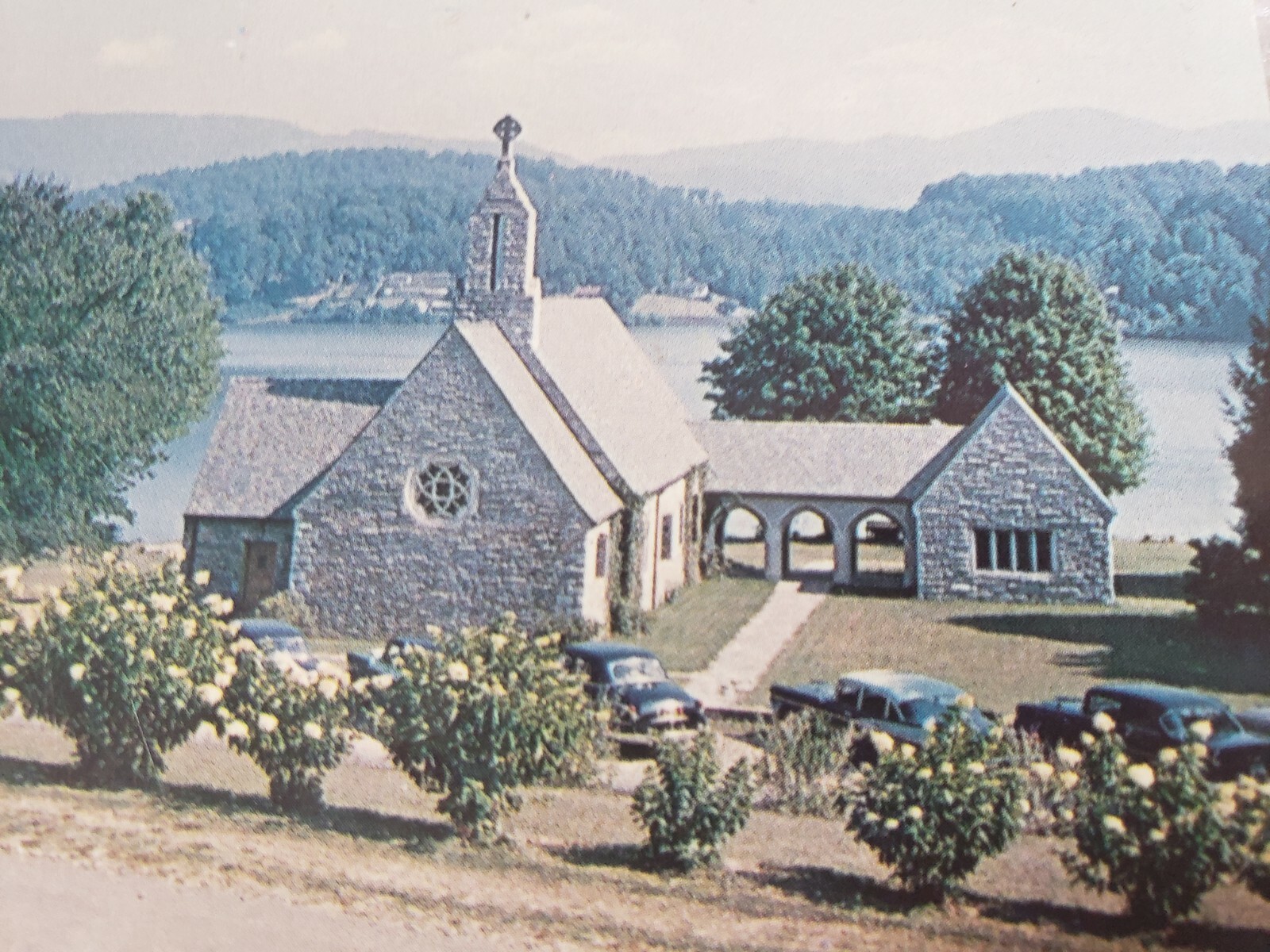 C 1950 Aerial View The Memorial Chapel Lake Junaluska NC Chrome Postcard