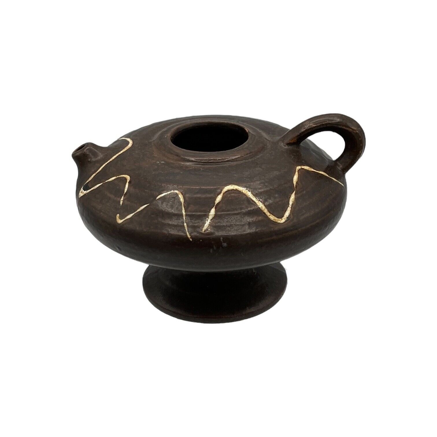 Pottery Ceramic Genie Oil Lamp Rustic Primitive Brown Zig Zag Design Decor