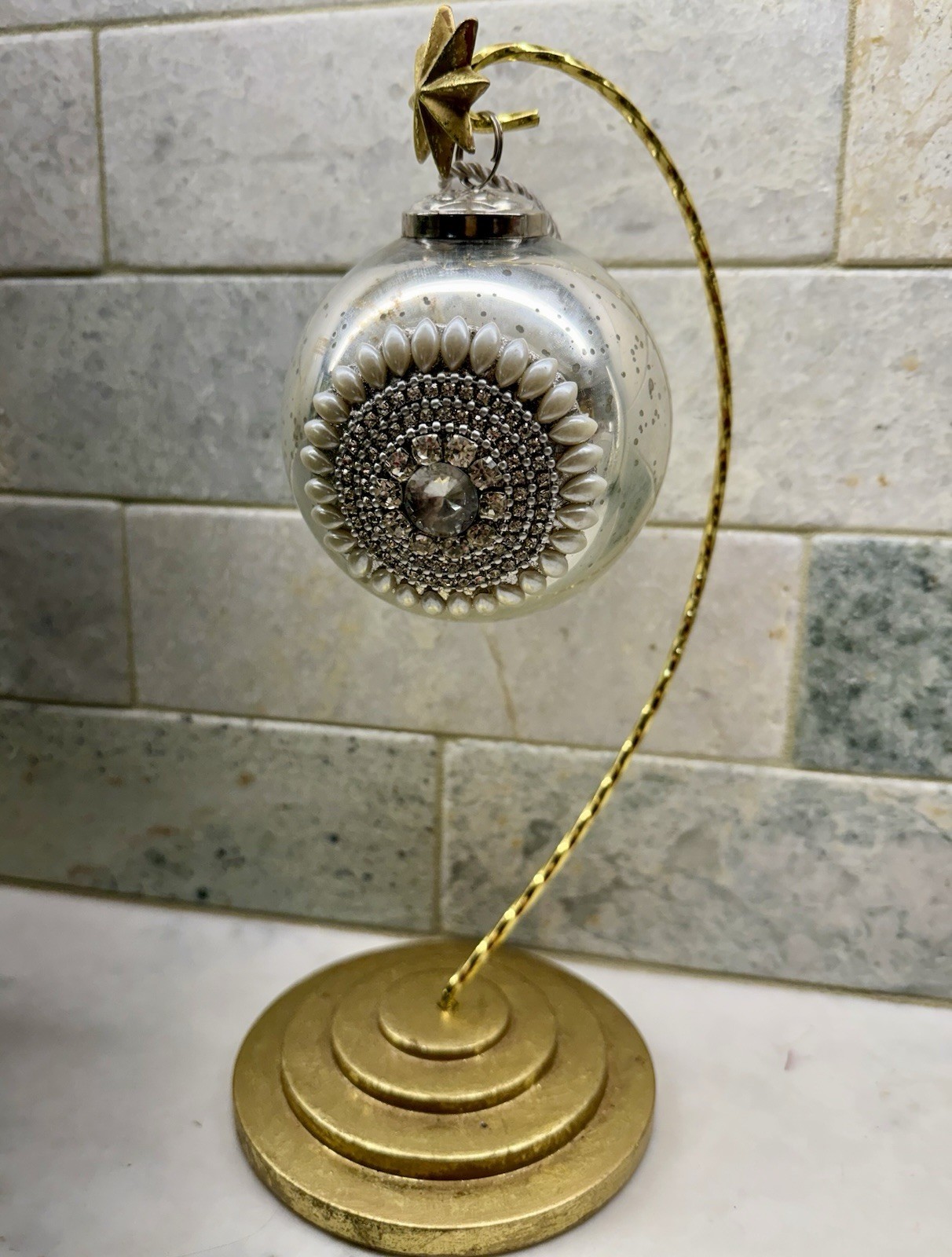 Antiqued Silver Mercury Glass Jeweled Pearl Kugel Ball Christmas Ornament 4” Antiqued Silver Mercury Glass Jeweled Pearl Kugel Ball Christmas Ornament 4”