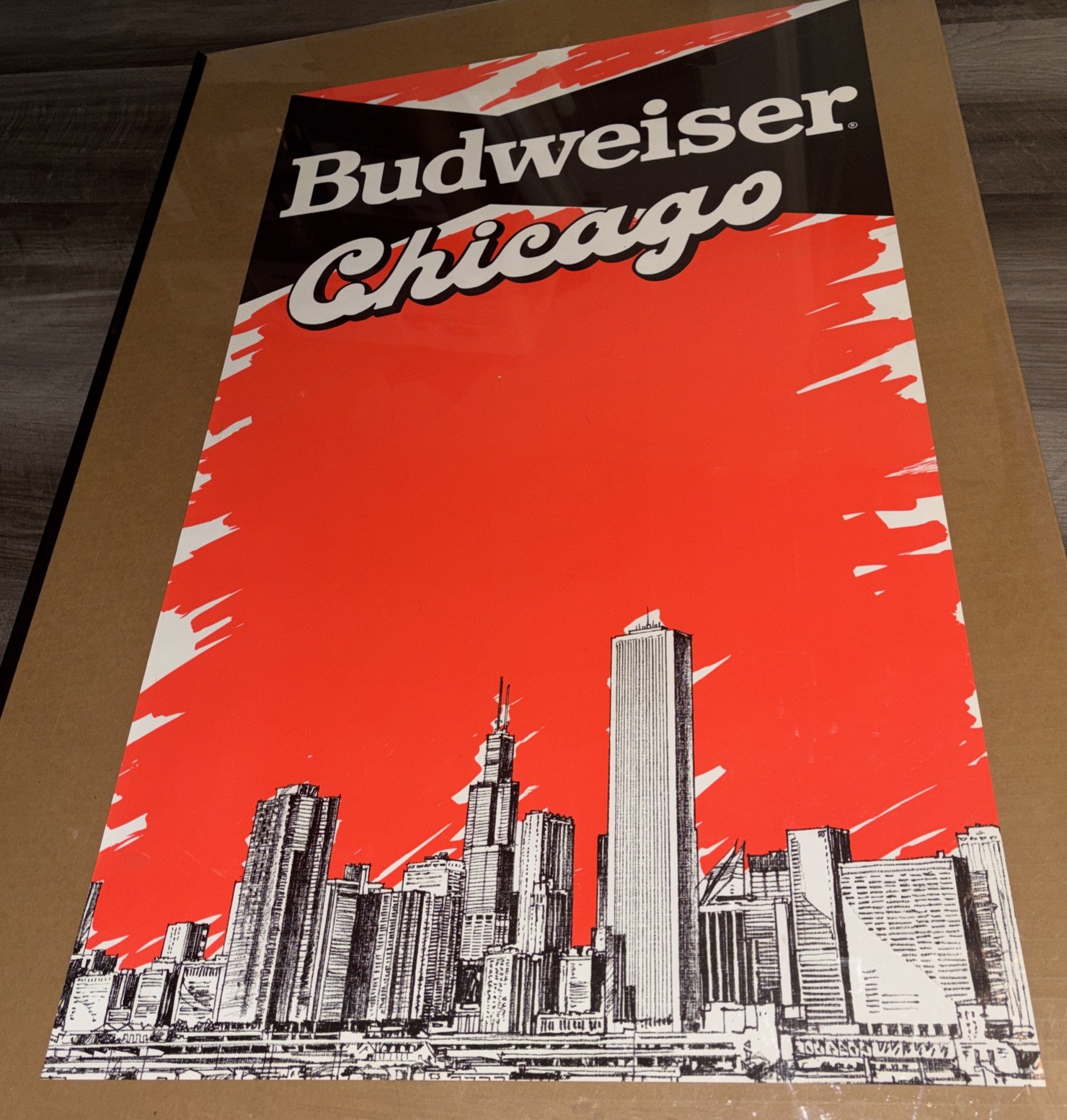 Vintage Budweiser Chicago Promo Poster Skyline Illustrated Bowtie Logo Rare