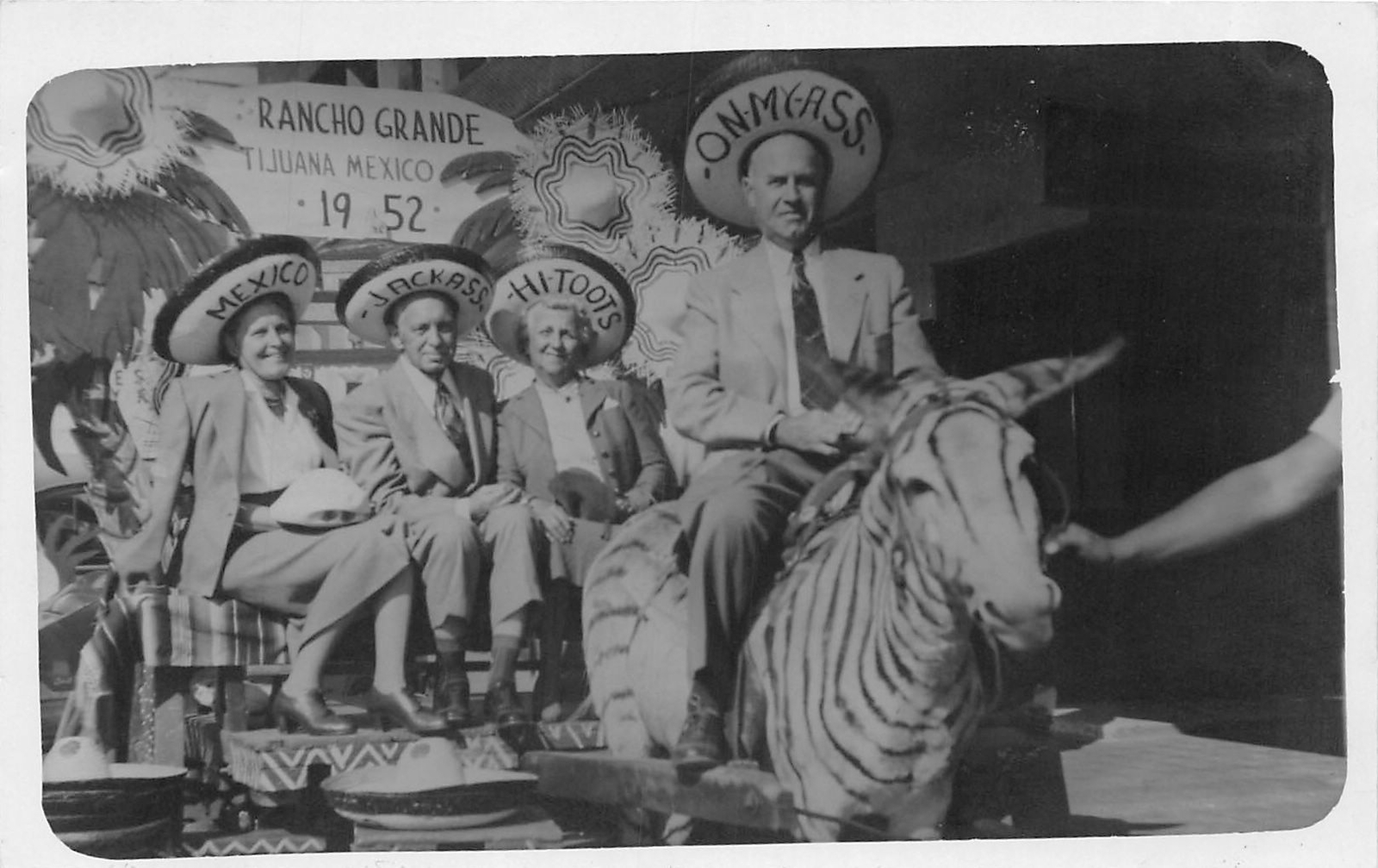 J4/ Interesting RPPC Postcard c1952 Tijuana Mexico Tourists Hat Zebra 92