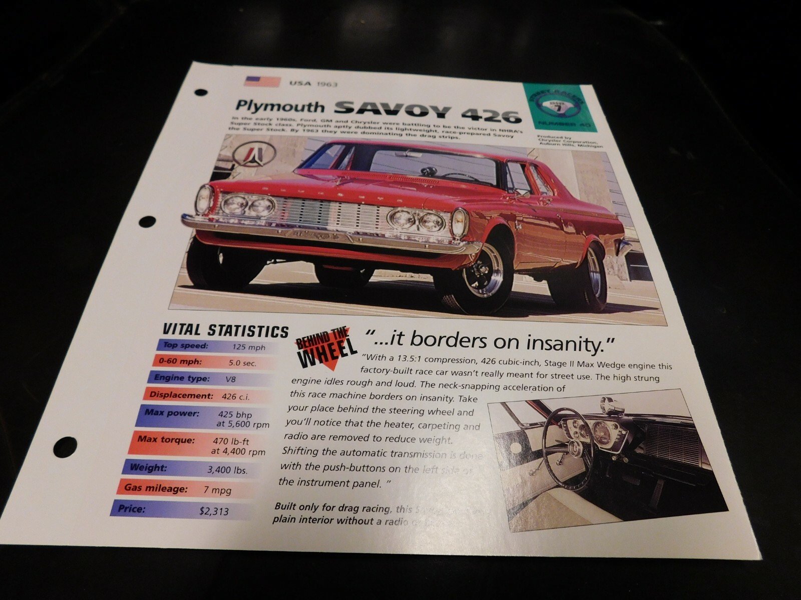 1963 Plymouth Savoy 426 Spec Sheet Brochure Photo Poster 