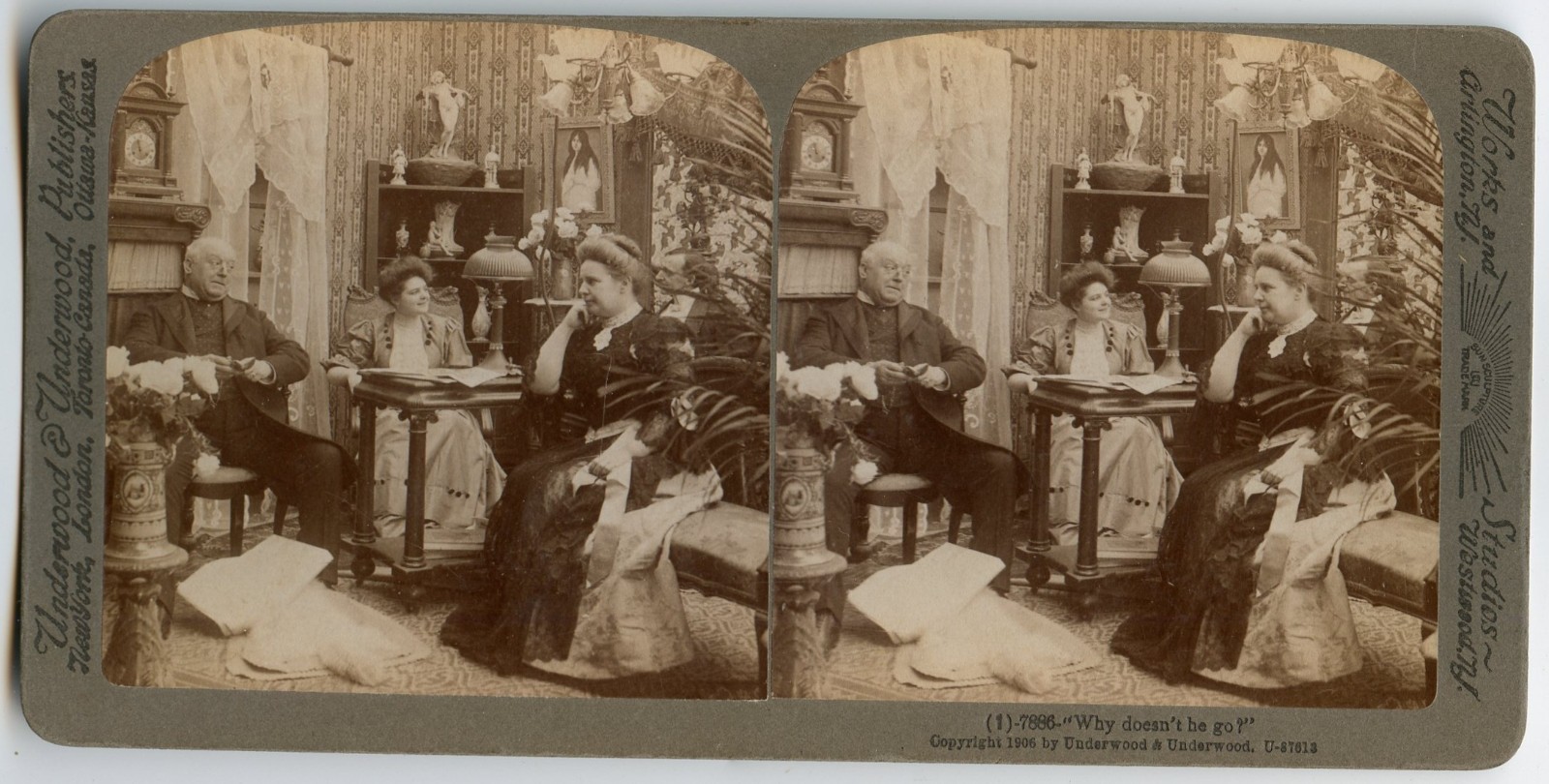 Why doesn\'t he go ? Pastor Visit , Victorian Room Vintage Photo Stereoview 1906 Why doesn\'t he go ? Pastor Visit , Victorian Room Vintage Photo Stereoview 1906