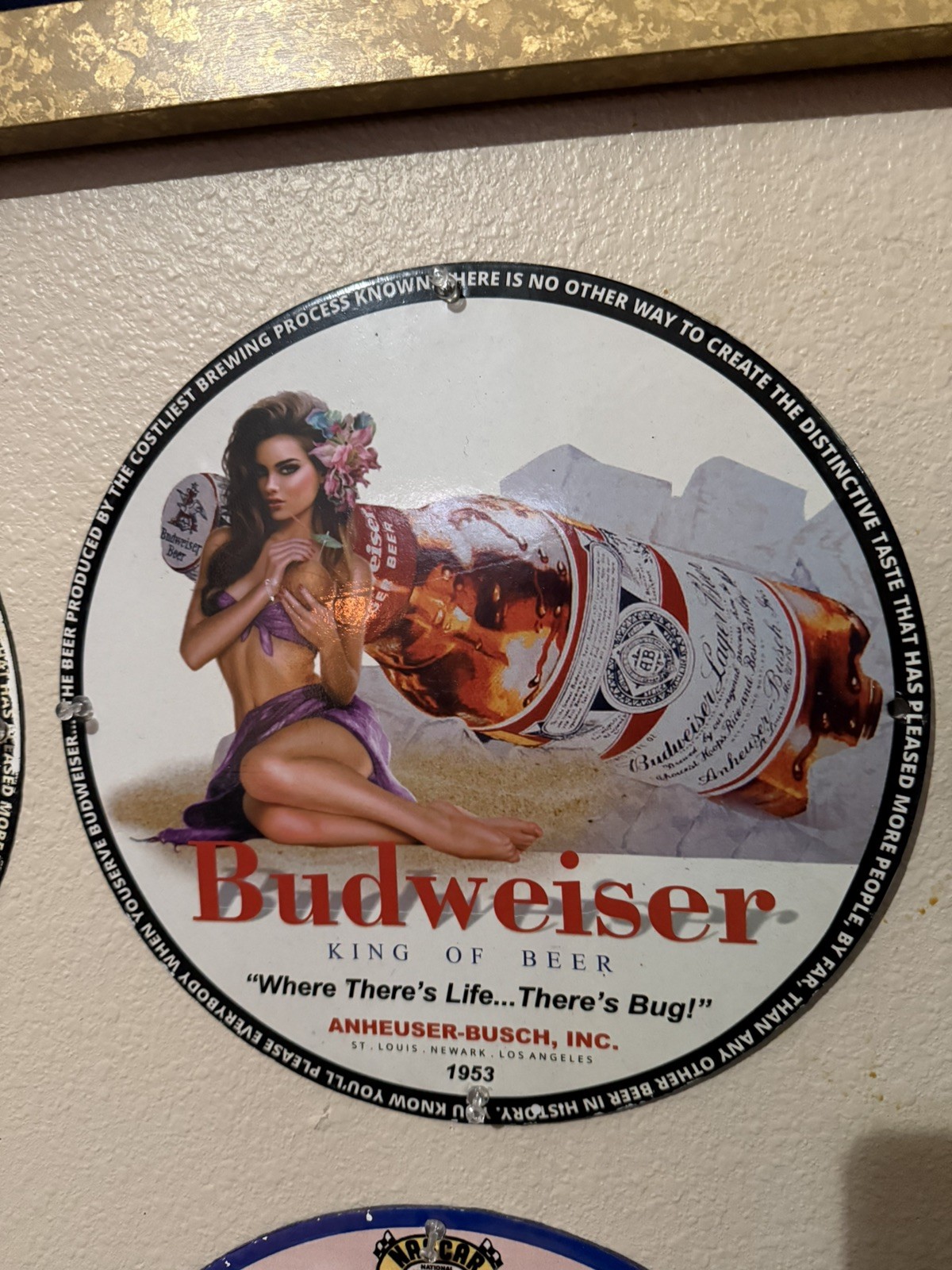 RARE BUDWEISER BREWERY GIRL PINUP PORCELAIN ENAMEL SIGN.