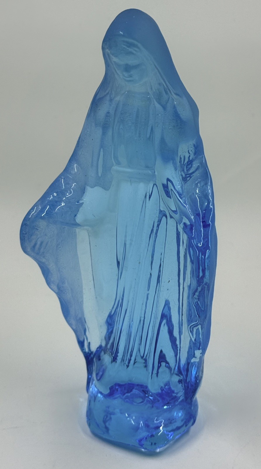 Scarce Vtg Frosted Blue Glass Virgin Mary Madonna Figurine 6.25”