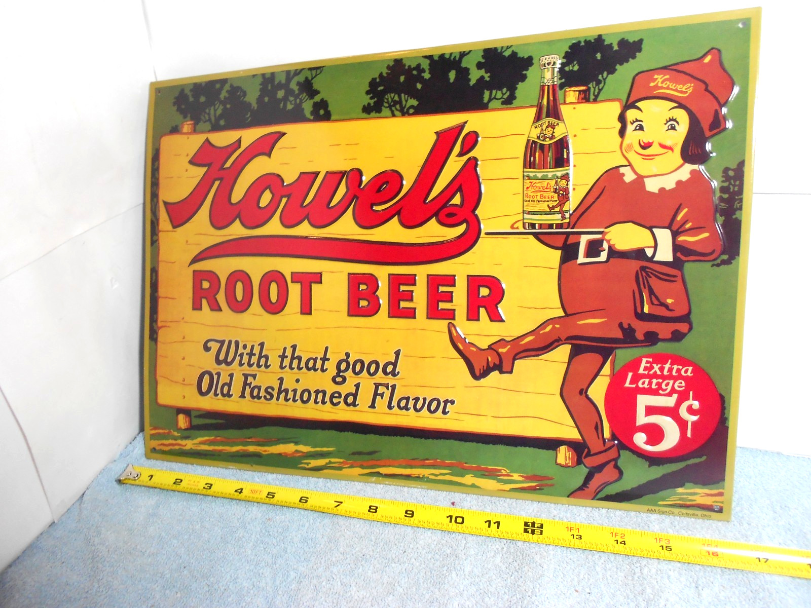 16x11 in VINTAGE HOWEL`S ROOT BEER SODA ADV. SIGN EMBOSSED TIN METAL TACKER -X30