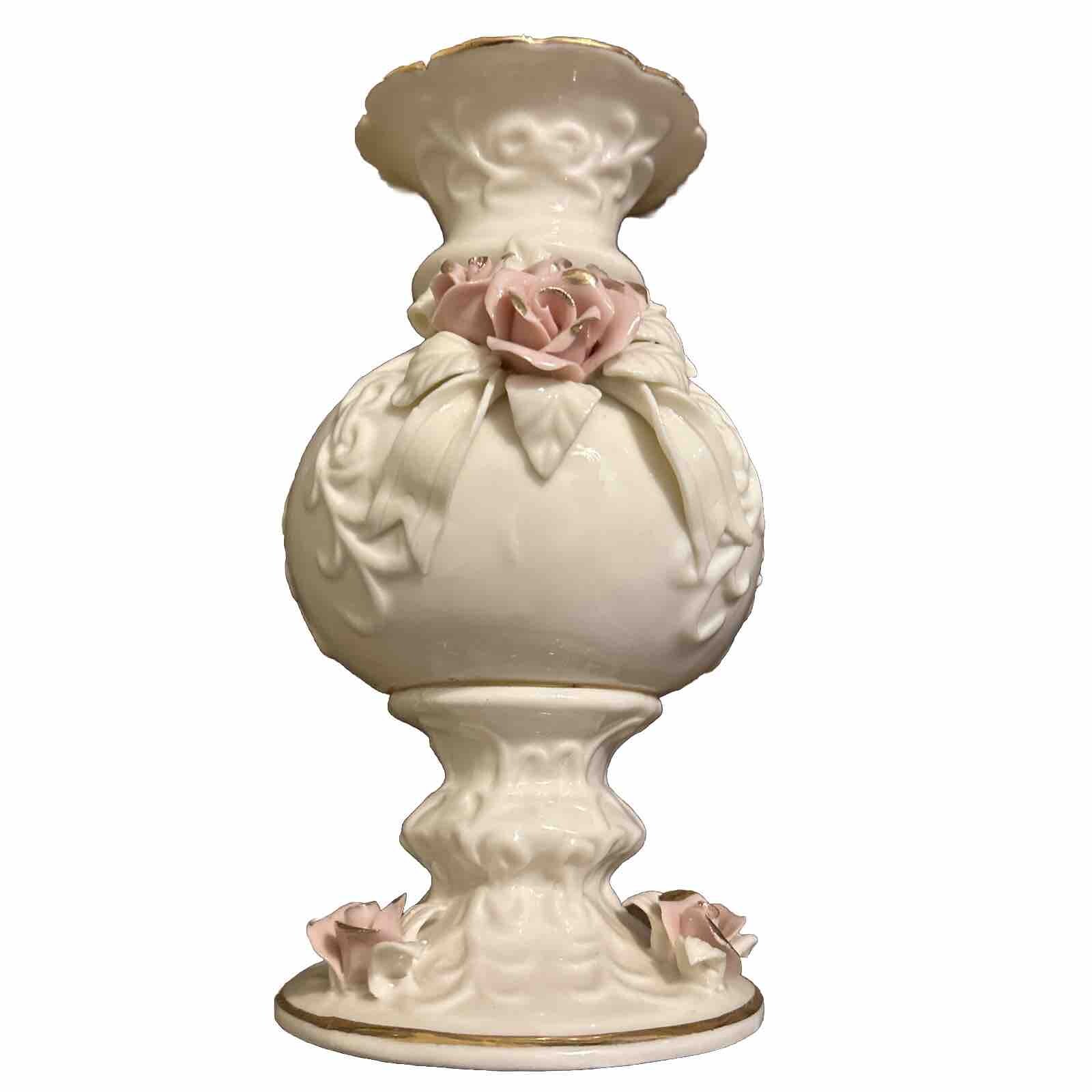 Pink rose bud Vase raised floral Sculpted Gold Edging Embossed wedding