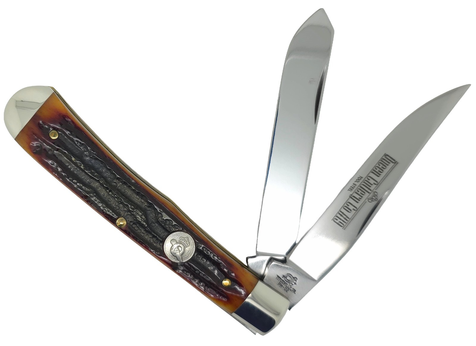: Queen #19 ACSB Trapper Amber Stag Bone Knife D2 Titusville NIB