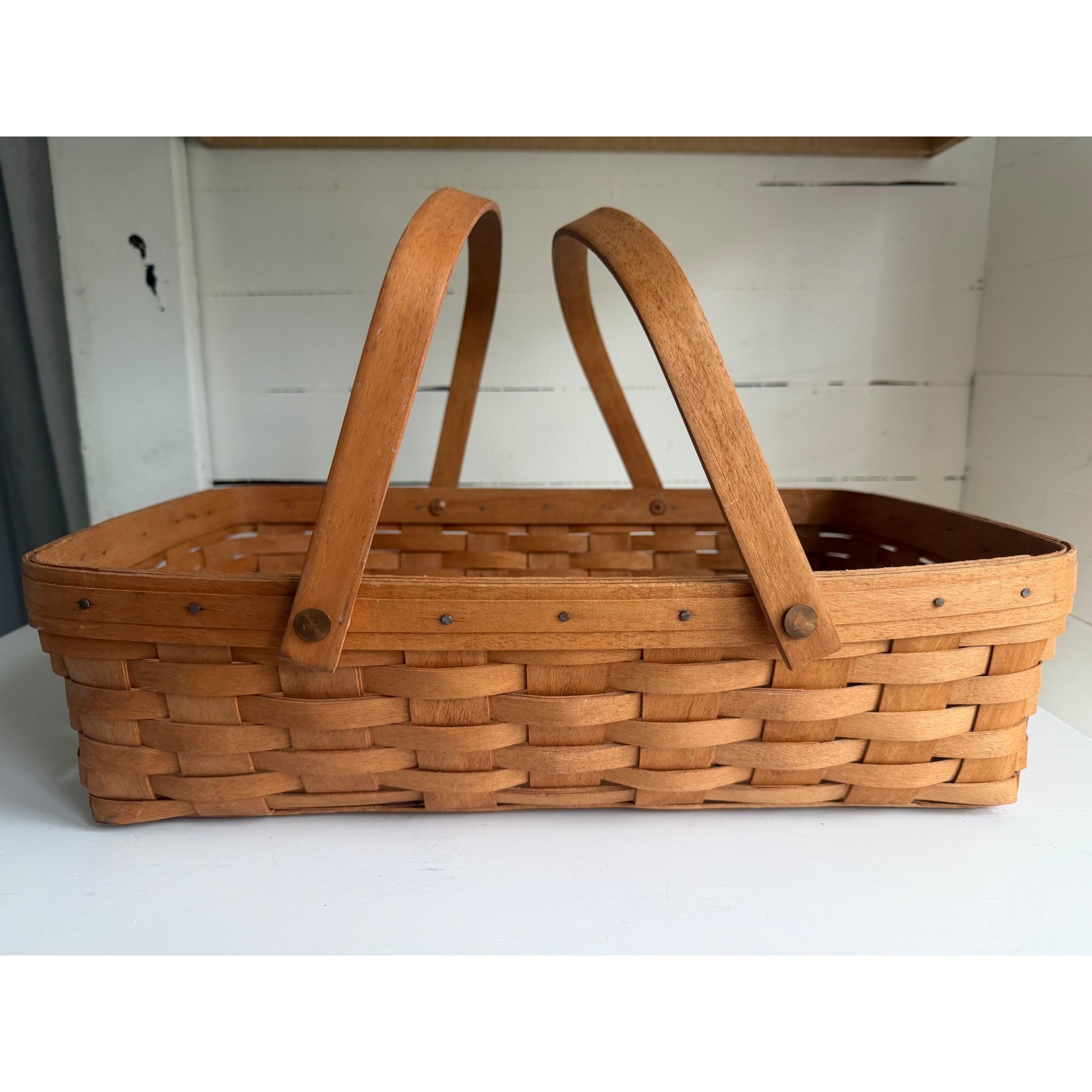 Longaberger Woven Basket Rectangle Brown Wood Double Swing Handles Gathering