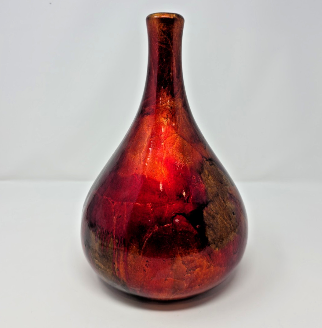 Ruby Red Crackled Metallic Flower Vase Floral Red Over Black Abstract Modern Mod