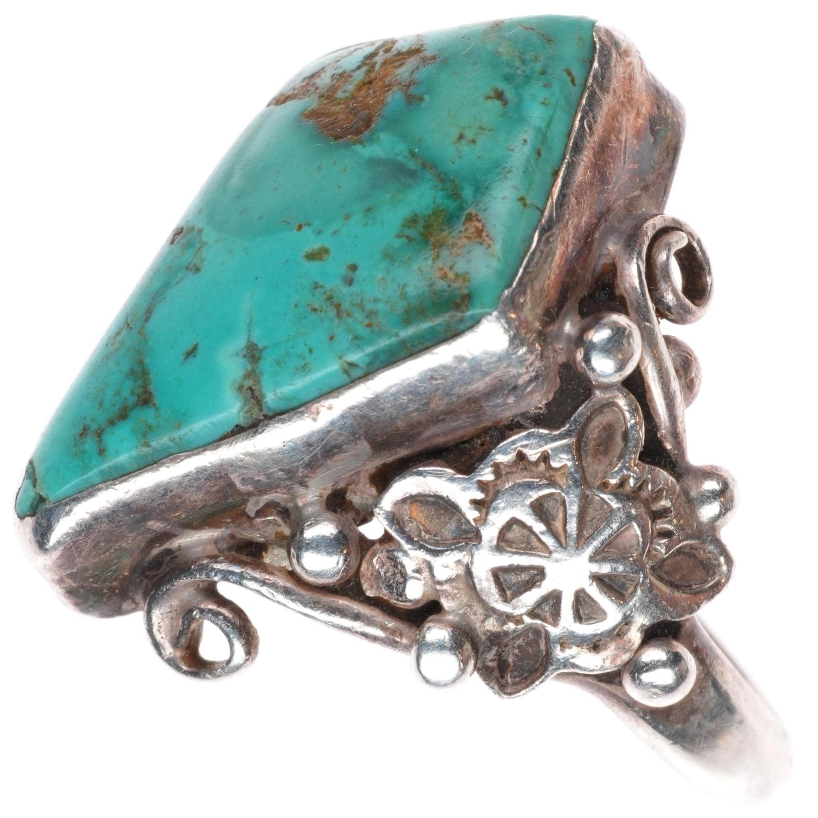 sz7.25 vintage Navajo sterling silver fancy stamped ring with nice turquoise sz7.25 vintage Navajo sterling silver fancy stamped ring with nice turquoise