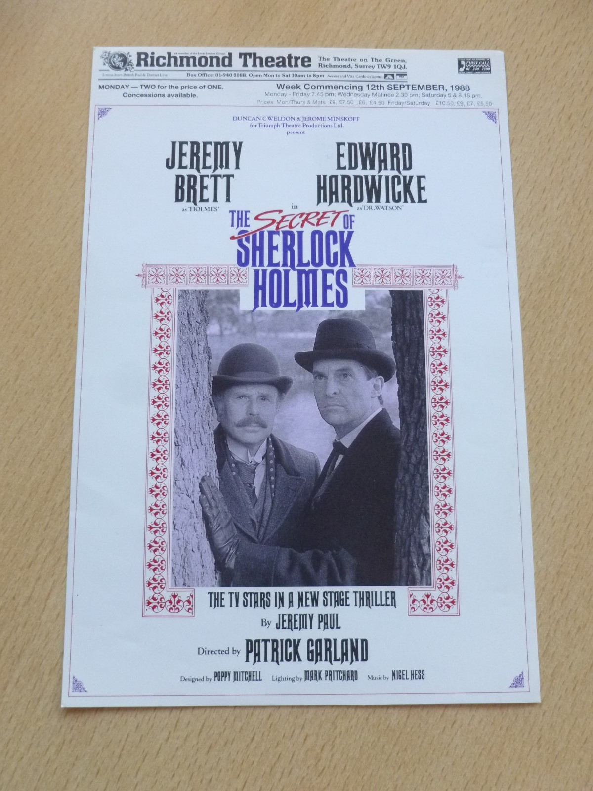 Jeremy Brett Edward Hardwicke Secret Of Sherlock Holmes Richmond Theatre Flyer