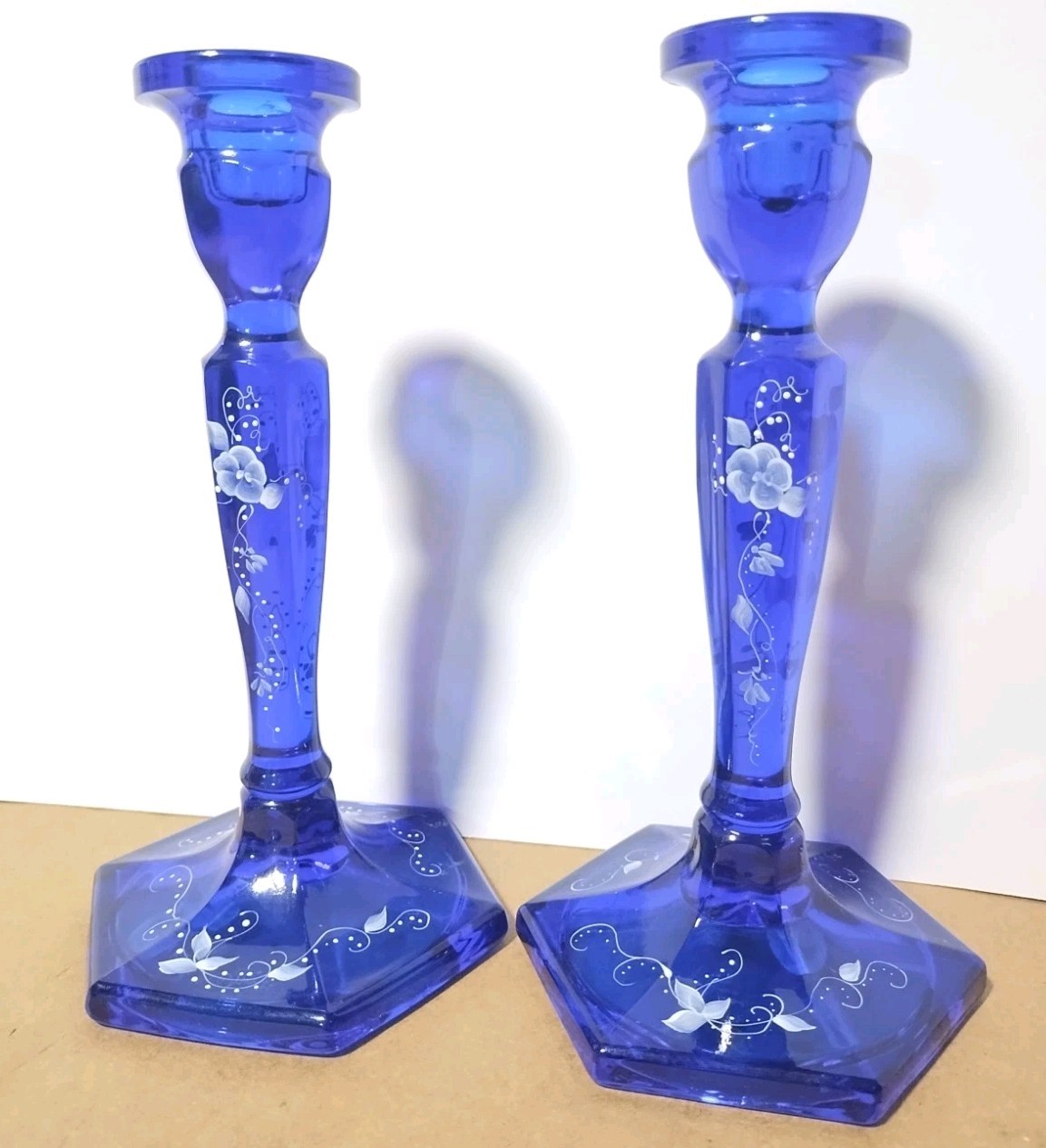 PAIR (2) Fenton CANDLESTICKS, CANDLE HOLDERS Cobalt Blue Vintage Painted Flowers
