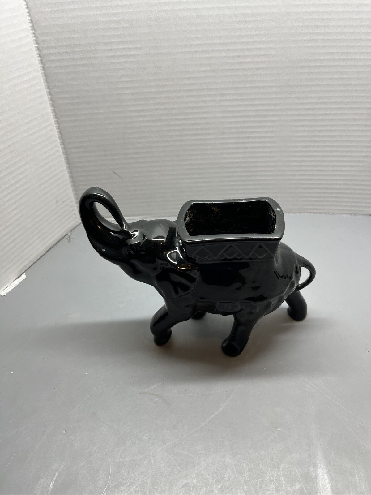 Vintage  Trunk Up Elephant Planter Glossy Black Glazed Ceramic 1950/60s