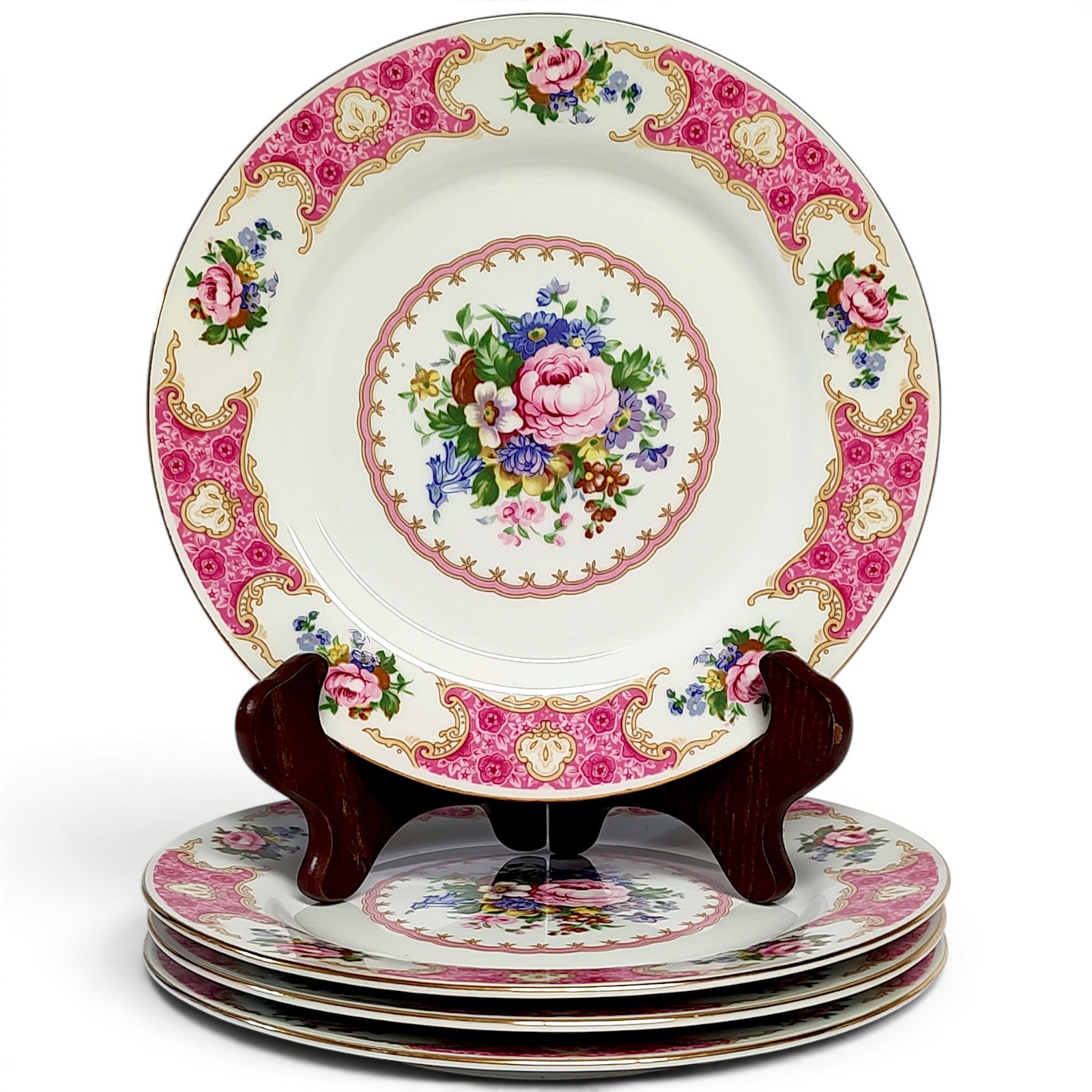 VTG 4pc Red Sea Remington Spring Garden Gold Gilt Floral Salad Plate Set 8.5