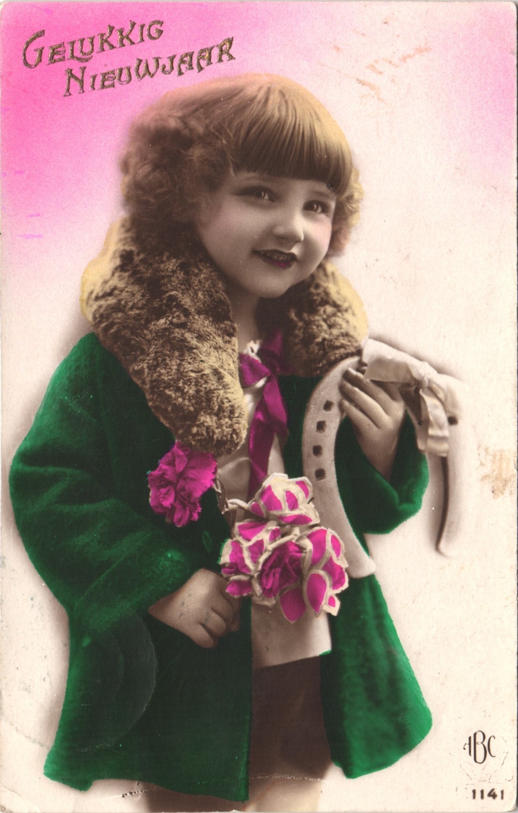 HAPPY NEW YEAR GIRL c1910 postcard real photo rppc tinted gelukkig nieuwjaar