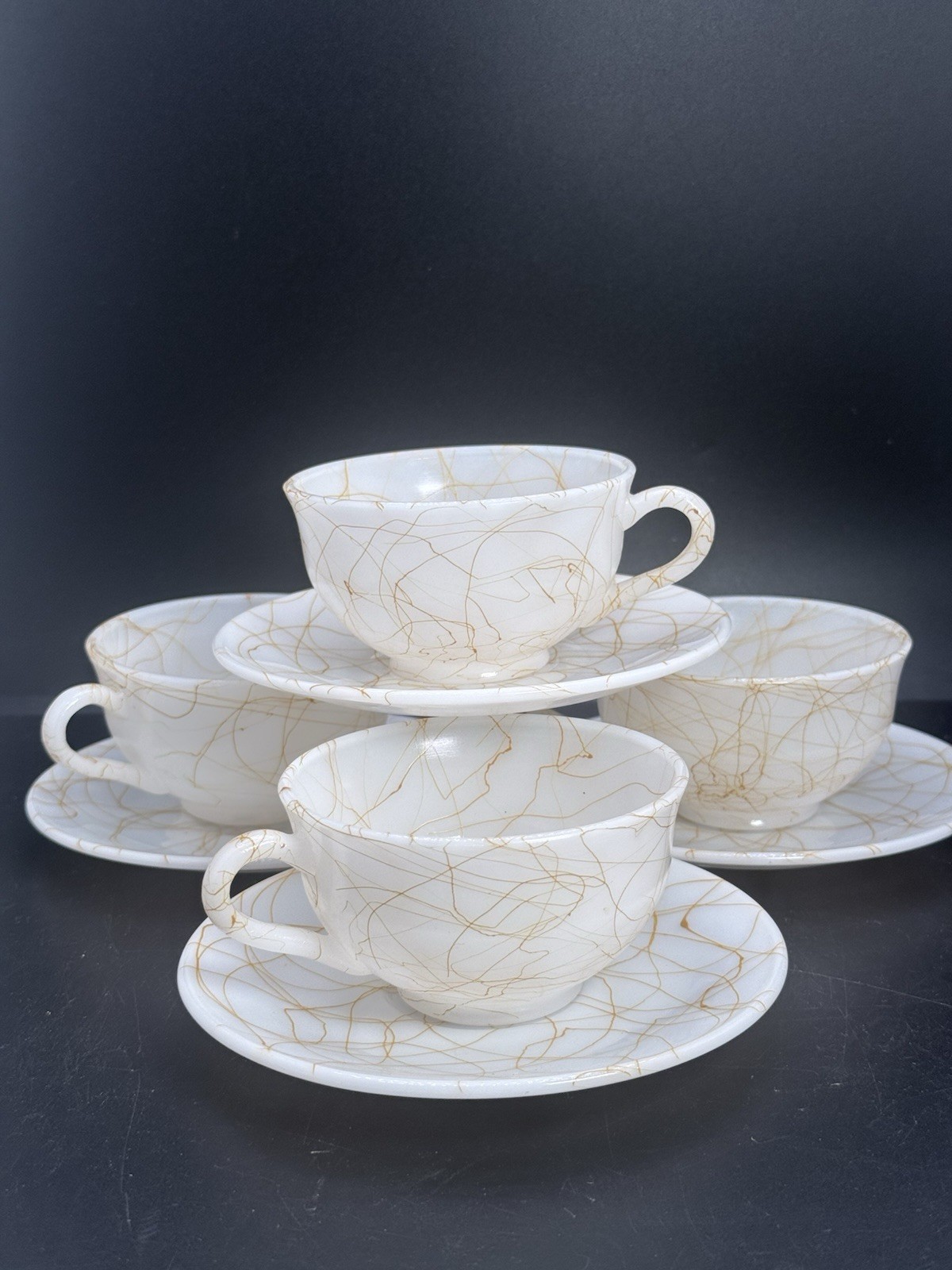 Hazel Atlas White Glass Butterscotch Drizzle String Cup & Saucer 4 Piece Vtg