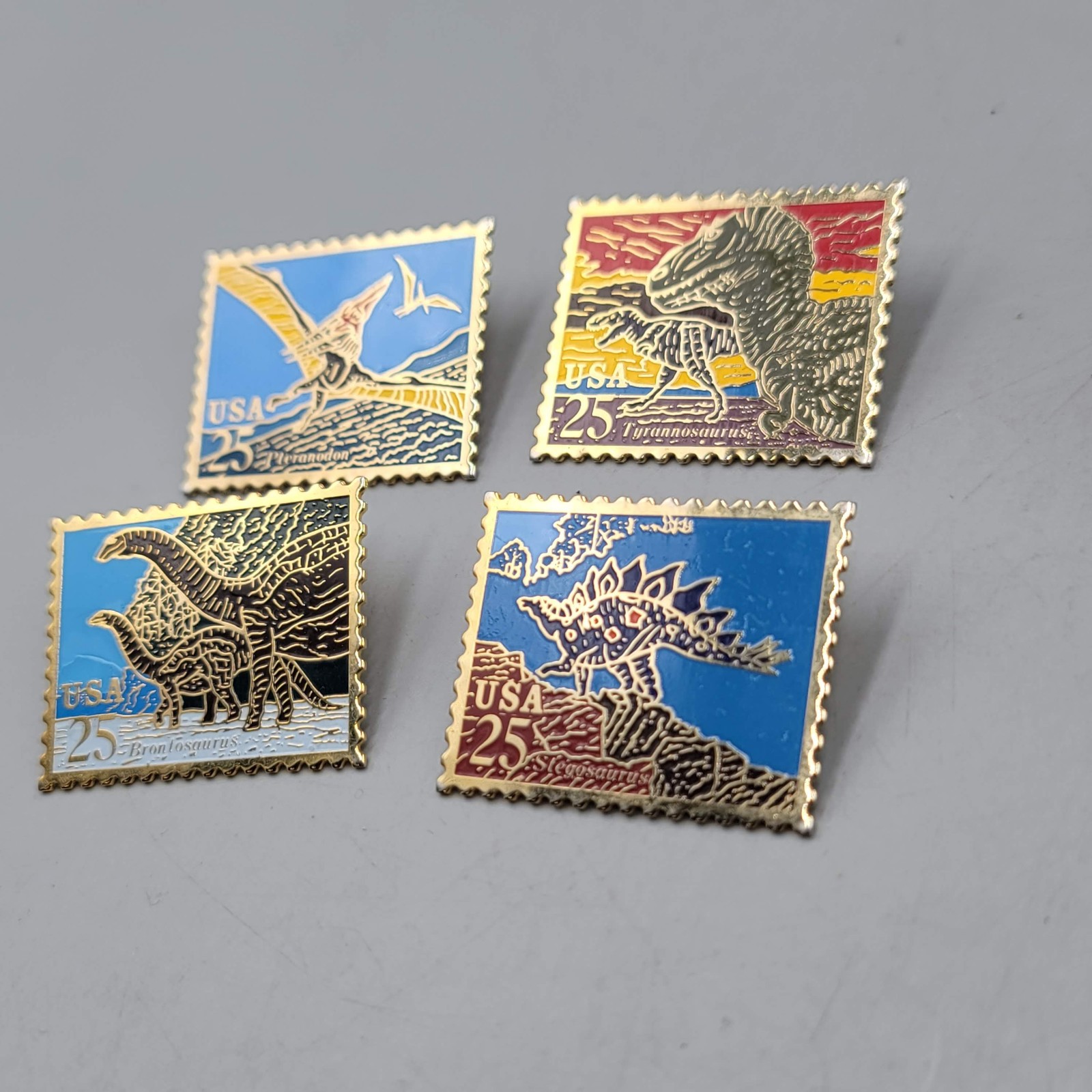 Vintage 1989 USPS Dinosaur Stamp Enamel Pins Lot 4 25 Cent Unico USA Taiwan