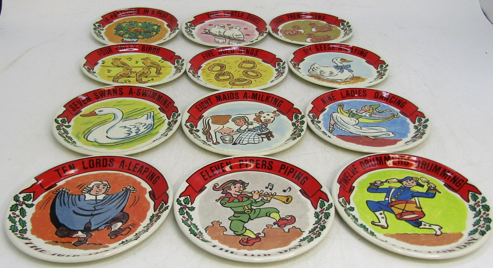 Vintage 1989 MSR Imports 12 Days of Christmas Metal Coaster Set.