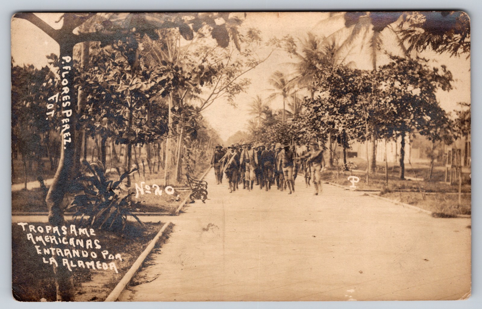 American Troops Marching Down an Alameda, U.S. Intervention in Mexico RPPC, 1914