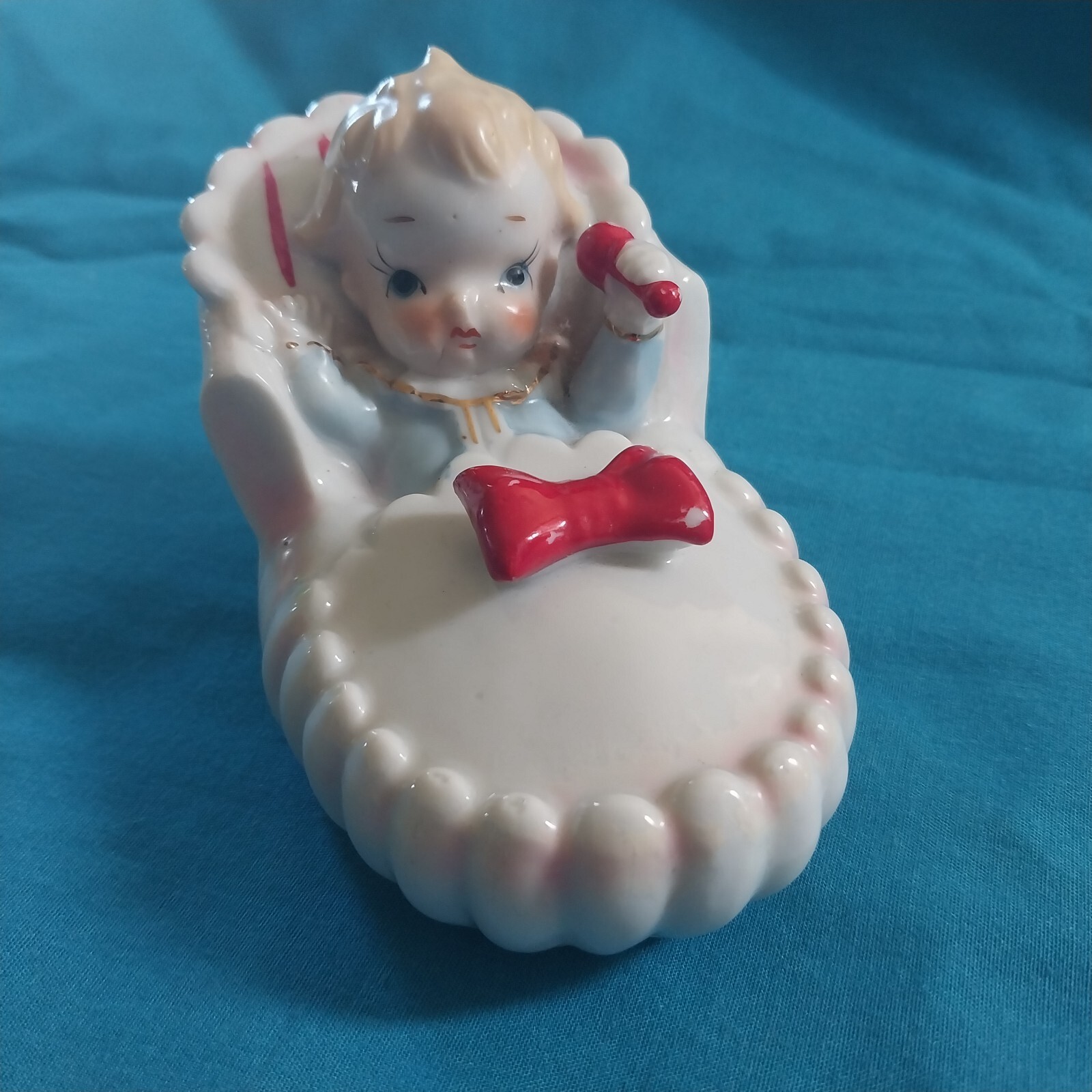 Vintage Baby Ornament Kewpie Style Lamode Fine China 10cm x 5cm Bassinet 