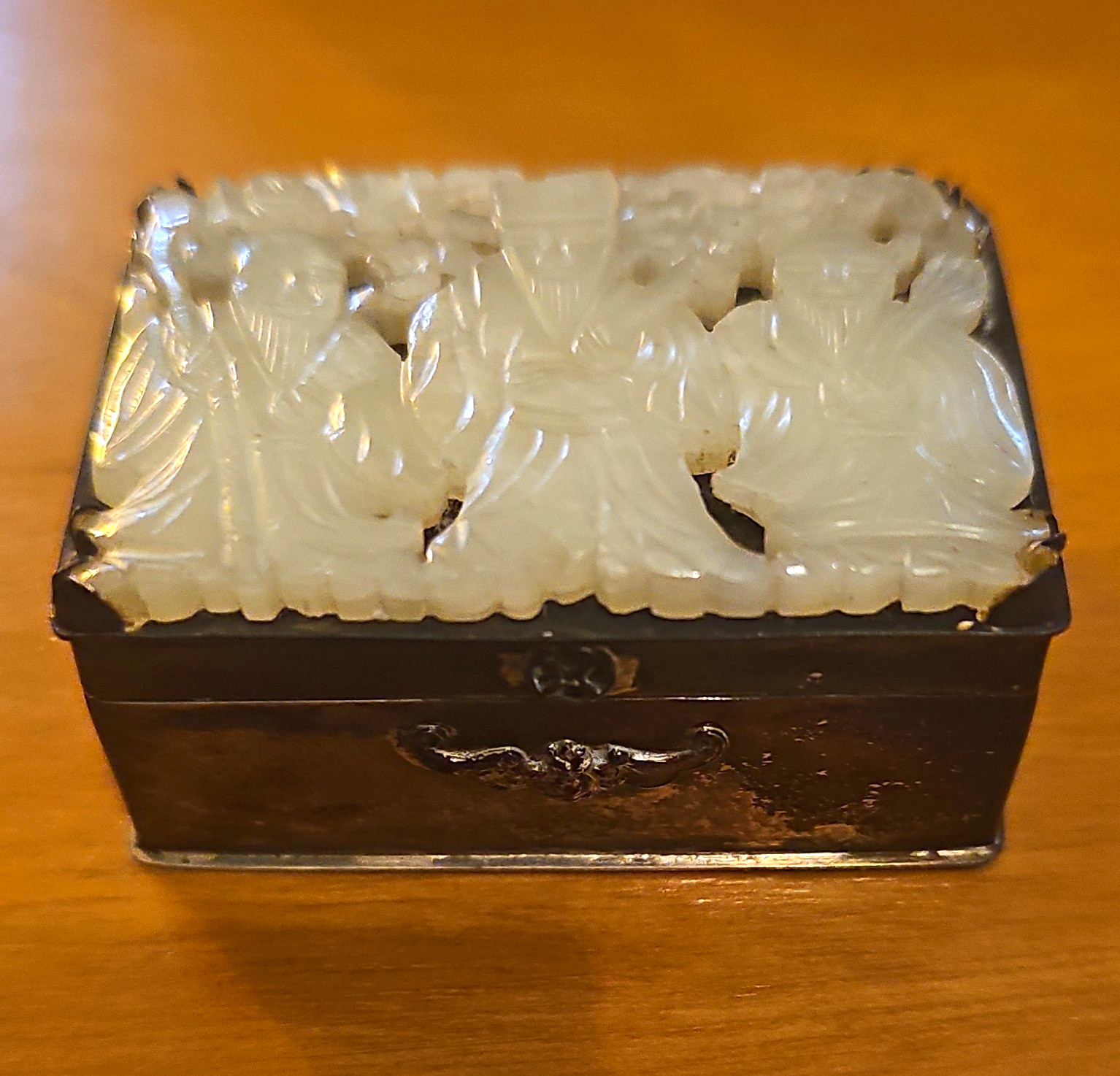 Antique Chinese Export Sterling Silver 925S Box Inlaid Carved White Jade Sanxing