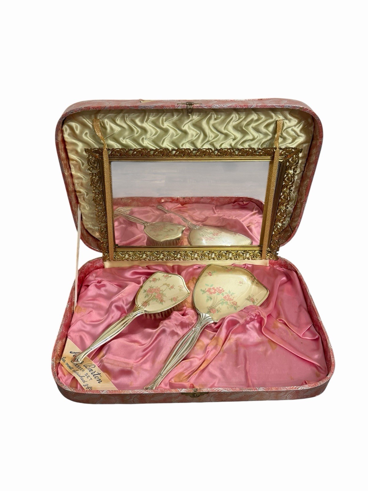 Vintage Ann Barton Dresser Vanity Set Mirror Brush Original Case Floral