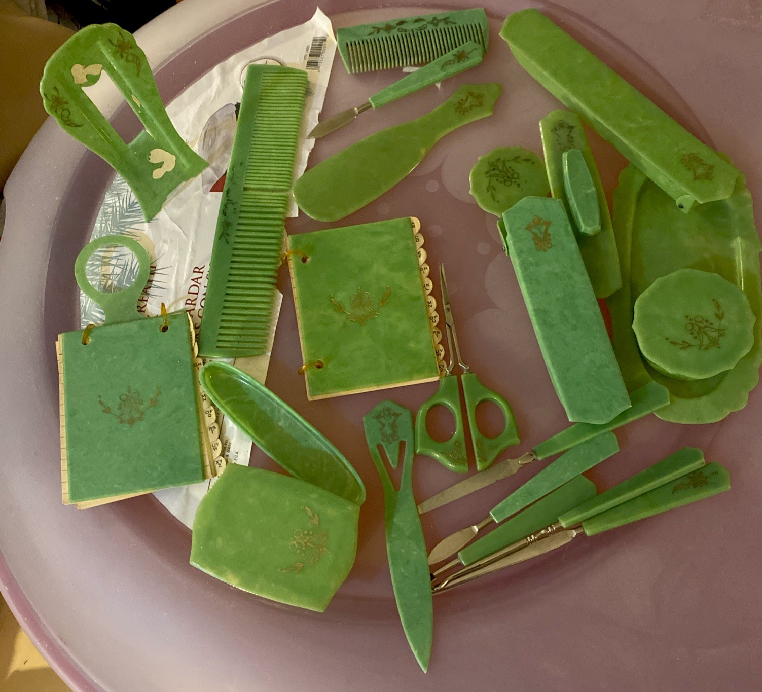 1920’s 24 PCS ART DECO GREEN CELLULOID  2 Address Books , VTG  Manicure, Sissors