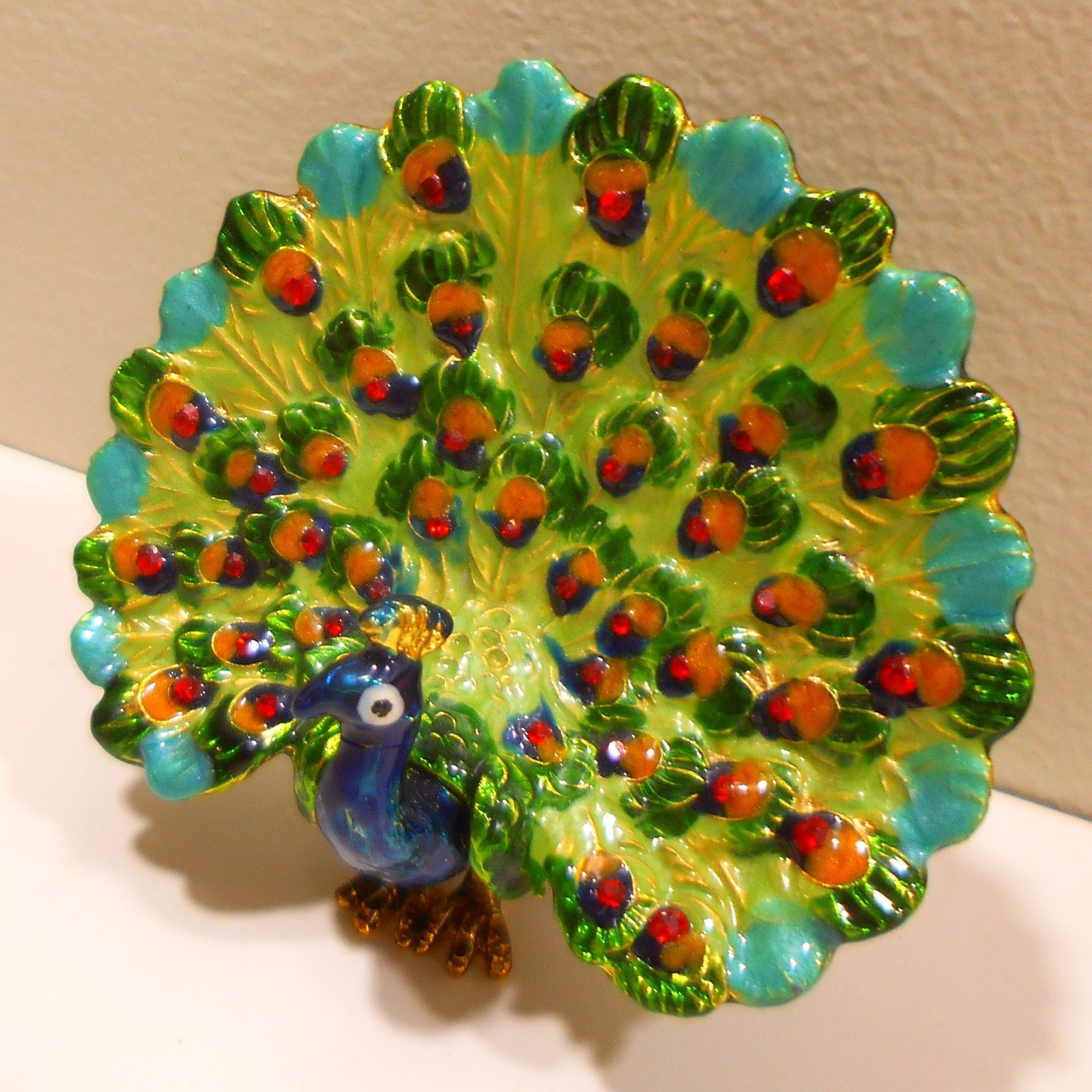 Jeweled Enameled Peacock Trinket Box- Tiny Hidden Secret Compartment 3\