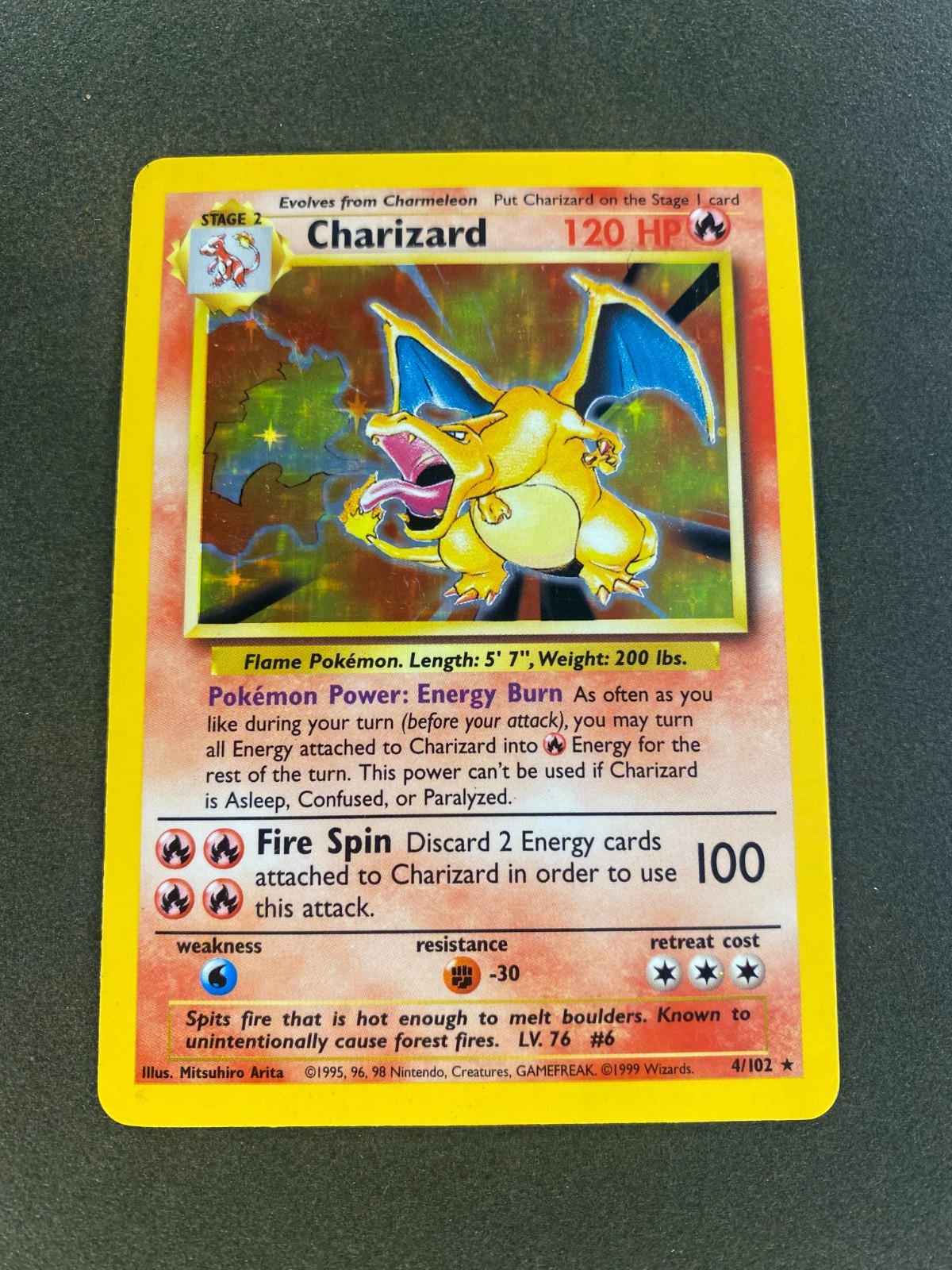 Charizard 4/102 - Base Set Pokemon Card - Vintage 1999 Near Mint / Light Played Charizard 4/102 - Base Set Pokemon Card - Vintage 1999 Near Mint / Light Played