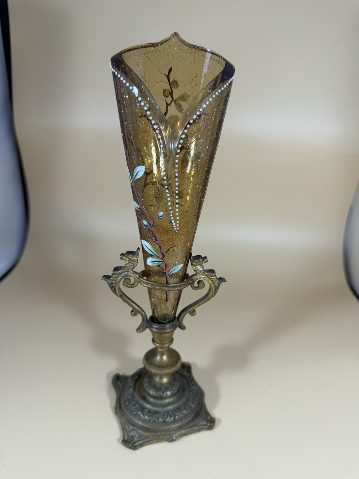 Vintage Amber Crackle Vase with Enamel Florals in Bronze Holder Vintage Amber Crackle Vase with Enamel Florals in Bronze Holder