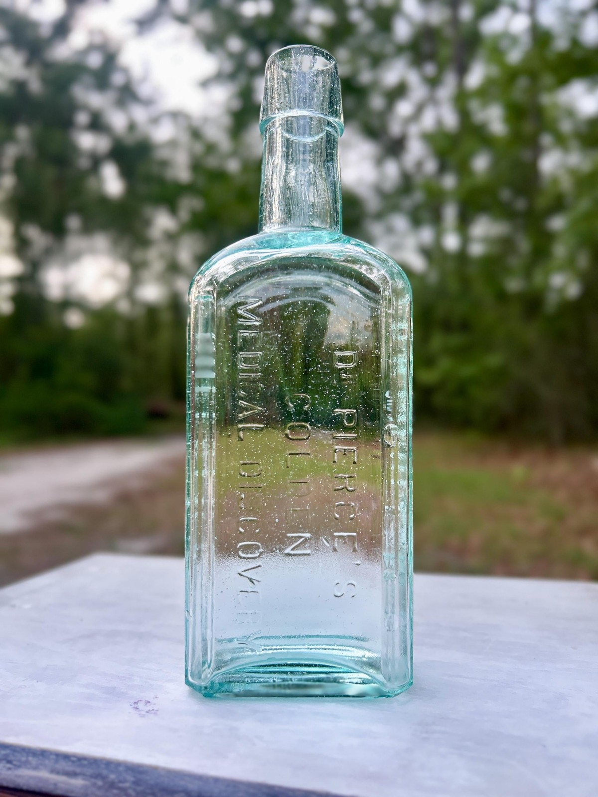 Antique Dr. Pierce's Golden Medical Discovery Bottle Aqua Applied Top Buffalo NY