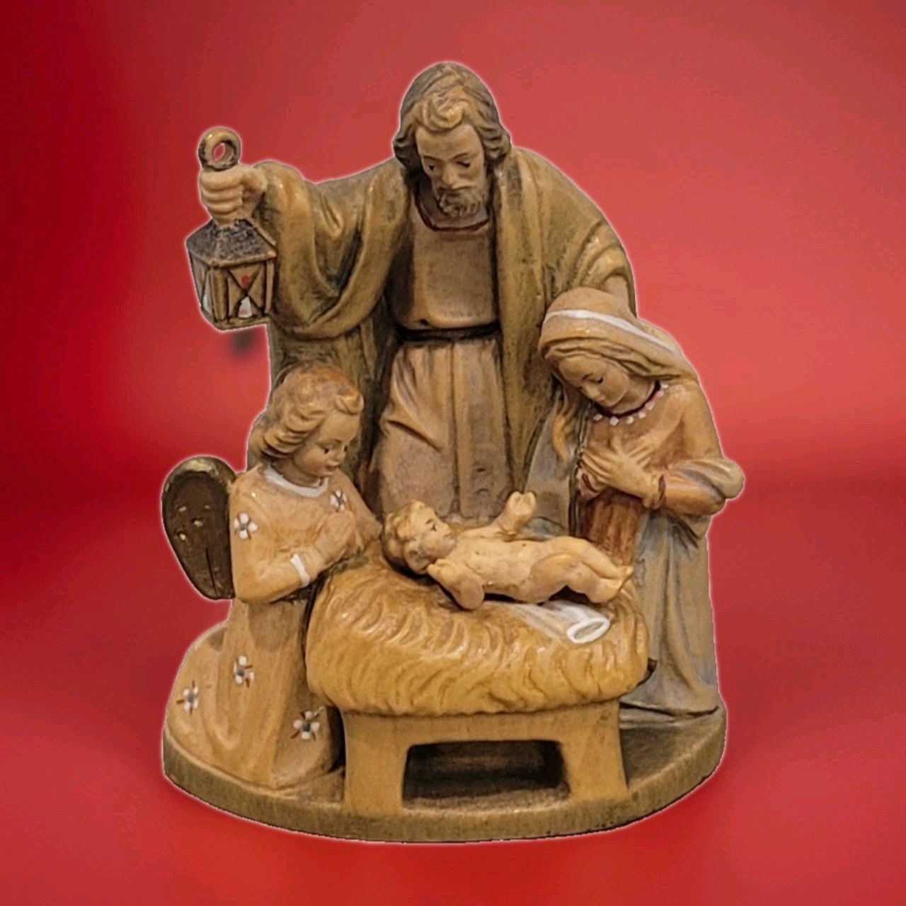 Vintage Anri Nativity Holy Family Jesus Joseph Mary Angel Wood Carved Figurine 