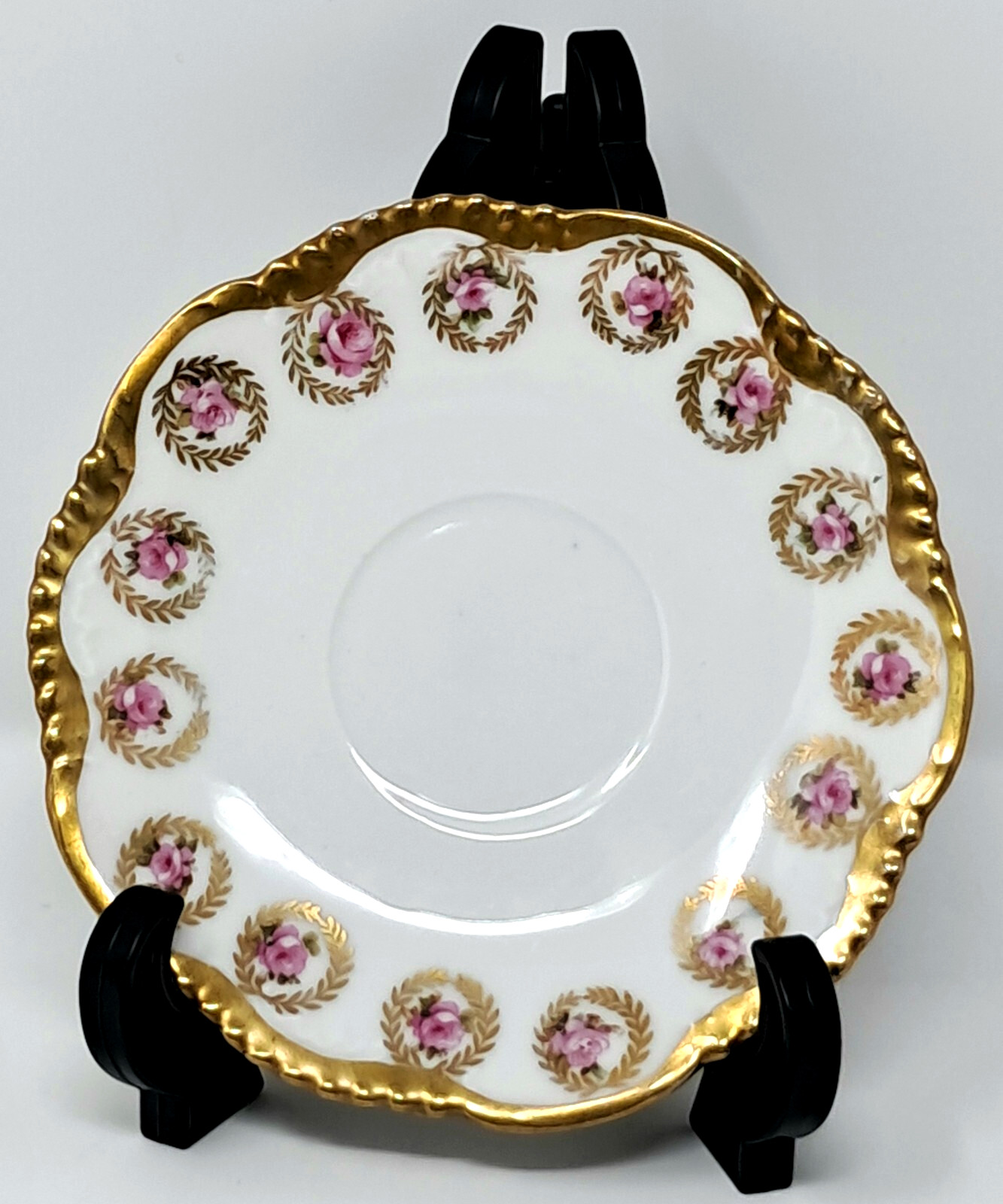 Wurremberg Porcelain Saucer white w/ pink roses heavy gold Germany vintage