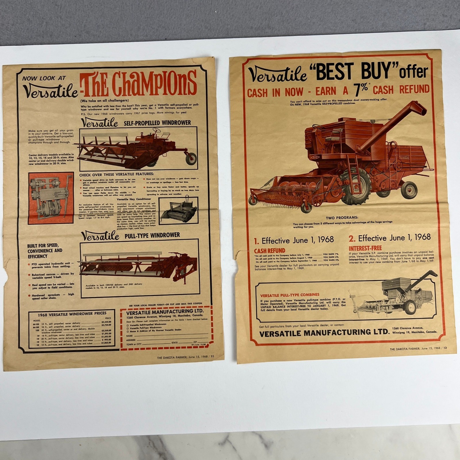 Versatile Manufacturing 1968 Vintage Farm Equipment Print Ads Dakota Farmer 2pc Versatile Manufacturing 1968 Vintage Farm Equipment Print Ads Dakota Farmer 2pc