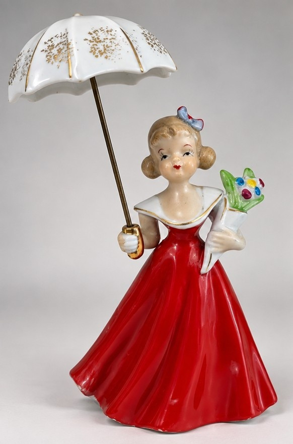 Vintage 1950s Napco Lady Figurine Red Dress Parasol Hand Painted Porcelain