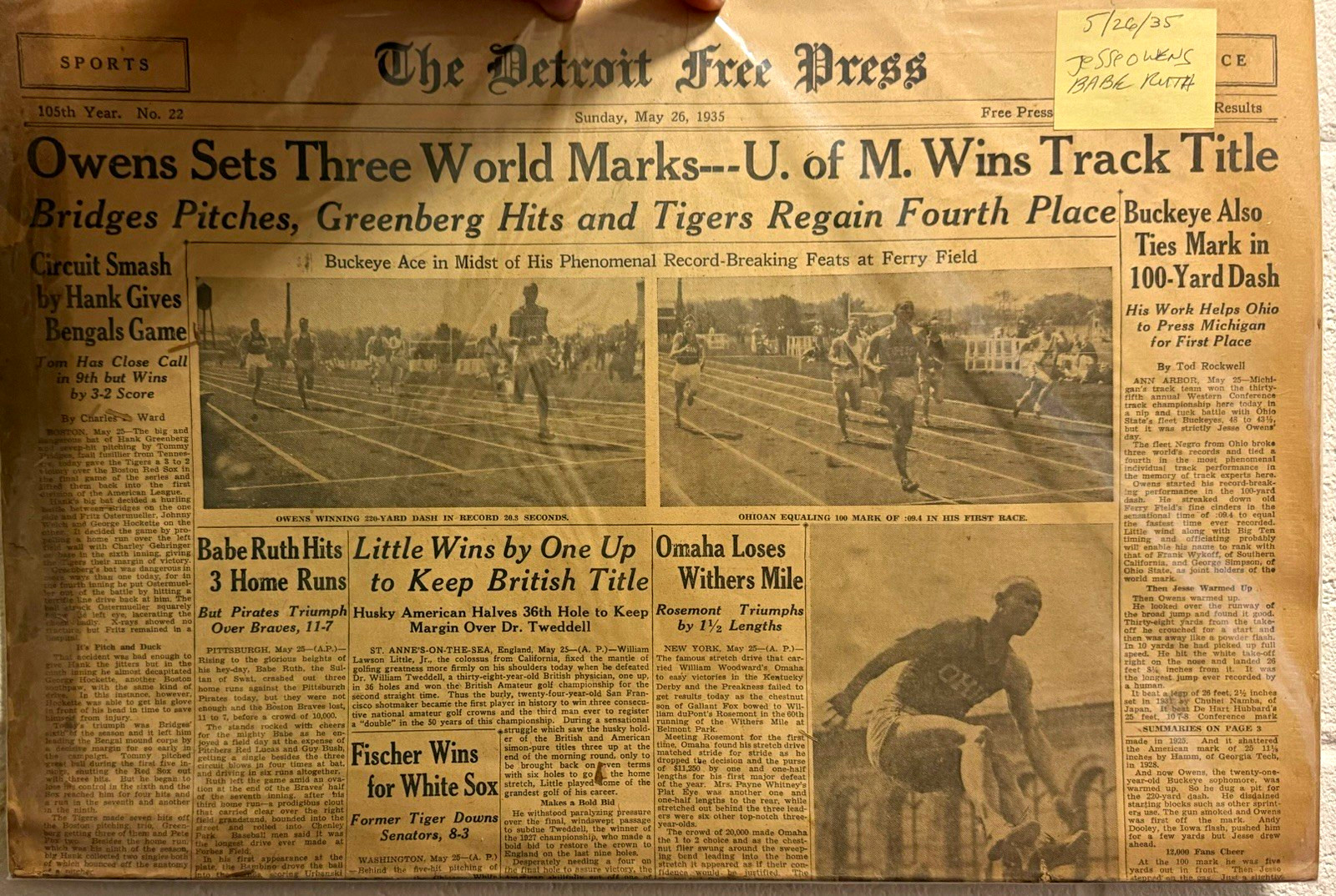 Detroit Free Press Newspaper May 26 1935 Owens 3 World Marks, Babe Ruth 3 HR
