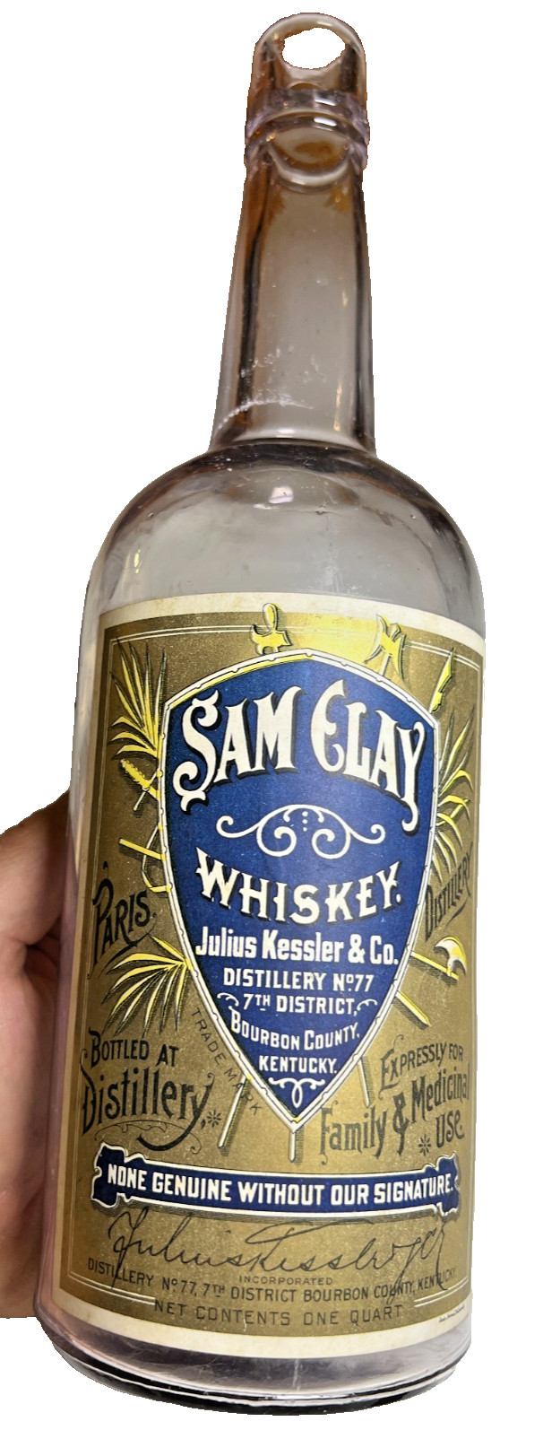 Antique Sam Clay Whiskey Julius Kessler Paris Kentucky Labeled Bottle Medicinal