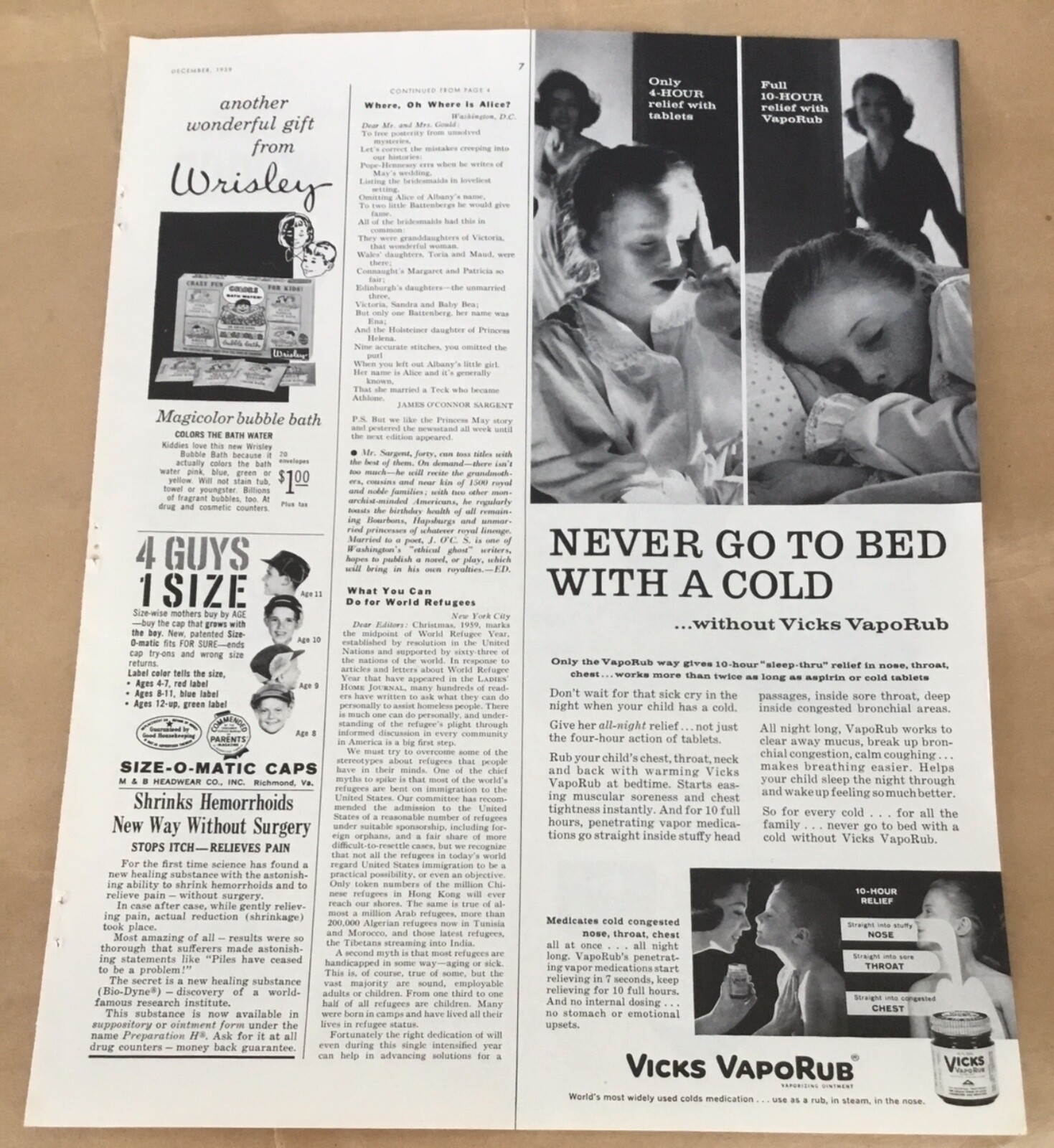 Vicks VapoRub vintage print ad 1959  1950s art retro decor health children cold