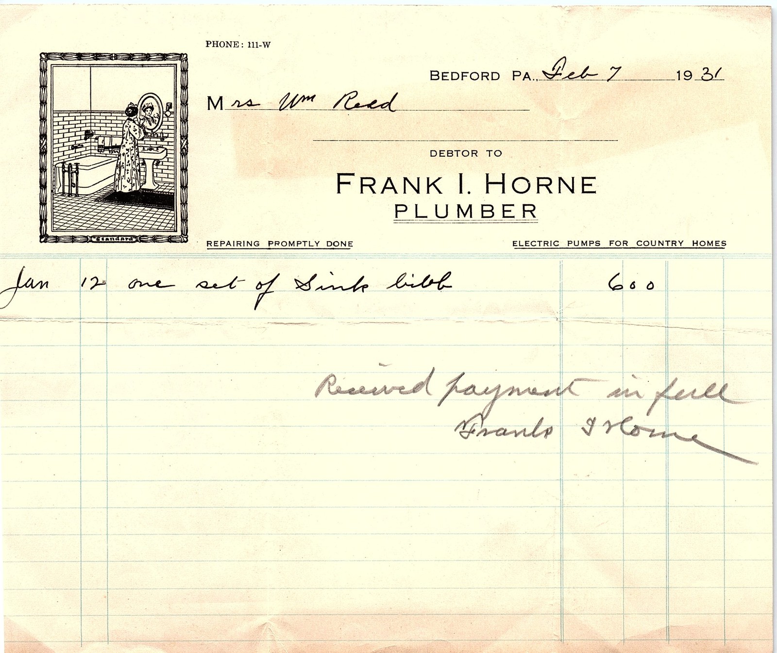 1931 Frank I. Horne Plumber Bedford PA Paid Billhead