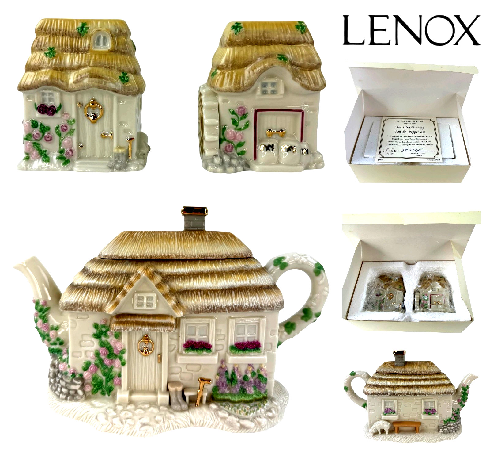 LENOX The Irish Blessing Teapot & Salt & Pepper Set 24 karat Gold Trim Cottages LENOX The Irish Blessing Teapot & Salt & Pepper Set 24 karat Gold Trim Cottages