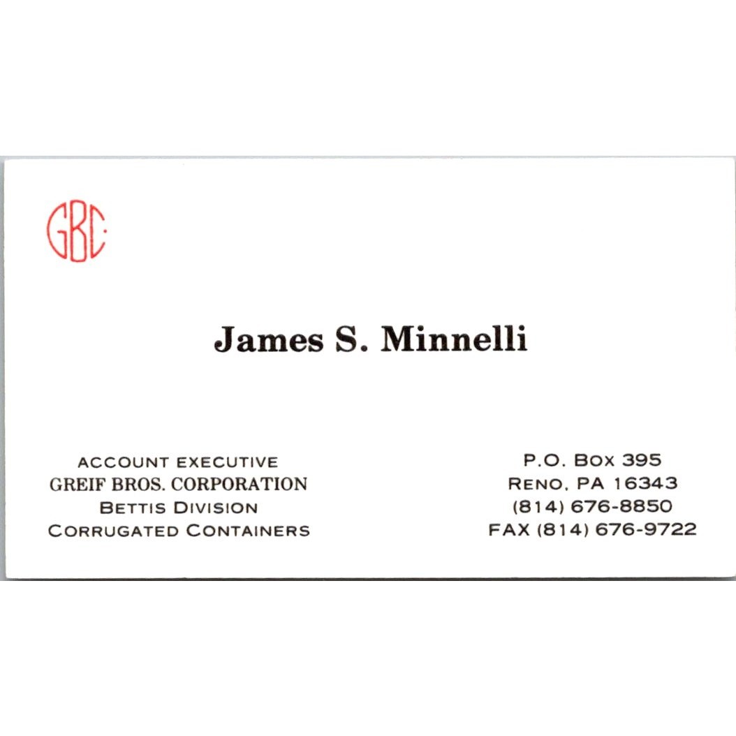 Greif Bros Corporation James S Minnelli Reno PA Vintage Business Card SSD7-BC1