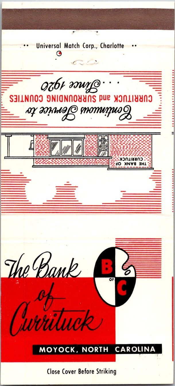 The Bank Of Currituck Since 1920 Moyock NC Vintage Matchbook Cover 4MM27-3