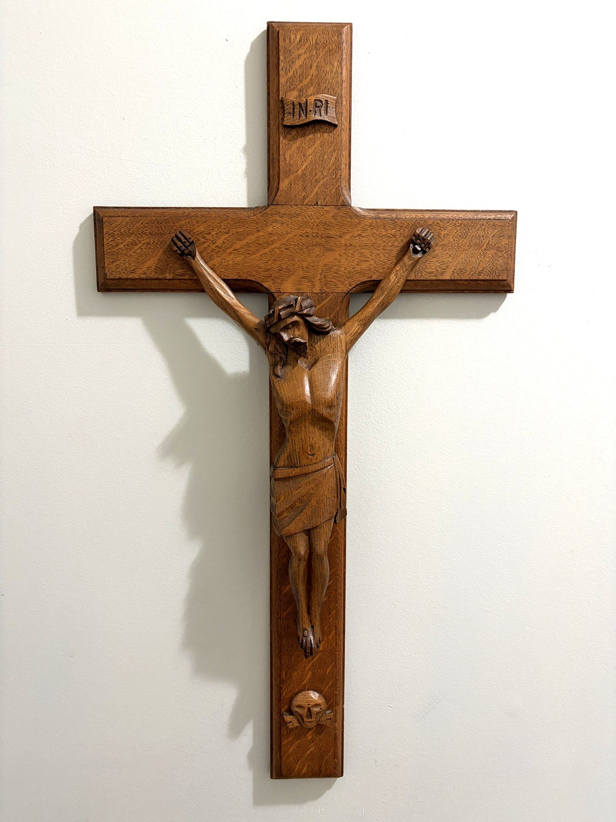 Large Vintage Hand Carved Wood Golgotha Crucifix INRI Skull 29.5” Wall Cross