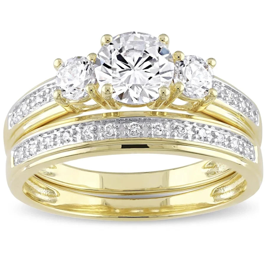 10K Yellow Gold Over Diamond Bridal 3-Stone Bridal Ring Set- For Women\'s Sz 5-12